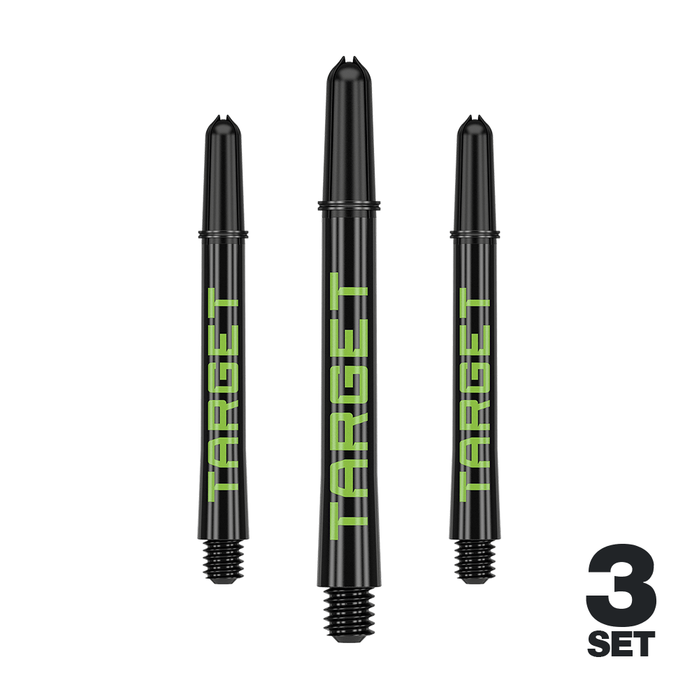 Target Pro Grip TAG Shafts - 3 sady - černo-zelené Mehrere Dart-Schäfte mit glatten Linien und dezenter Farbe sind abgebildet. Das Produkt ist ordentlich arrangiert.