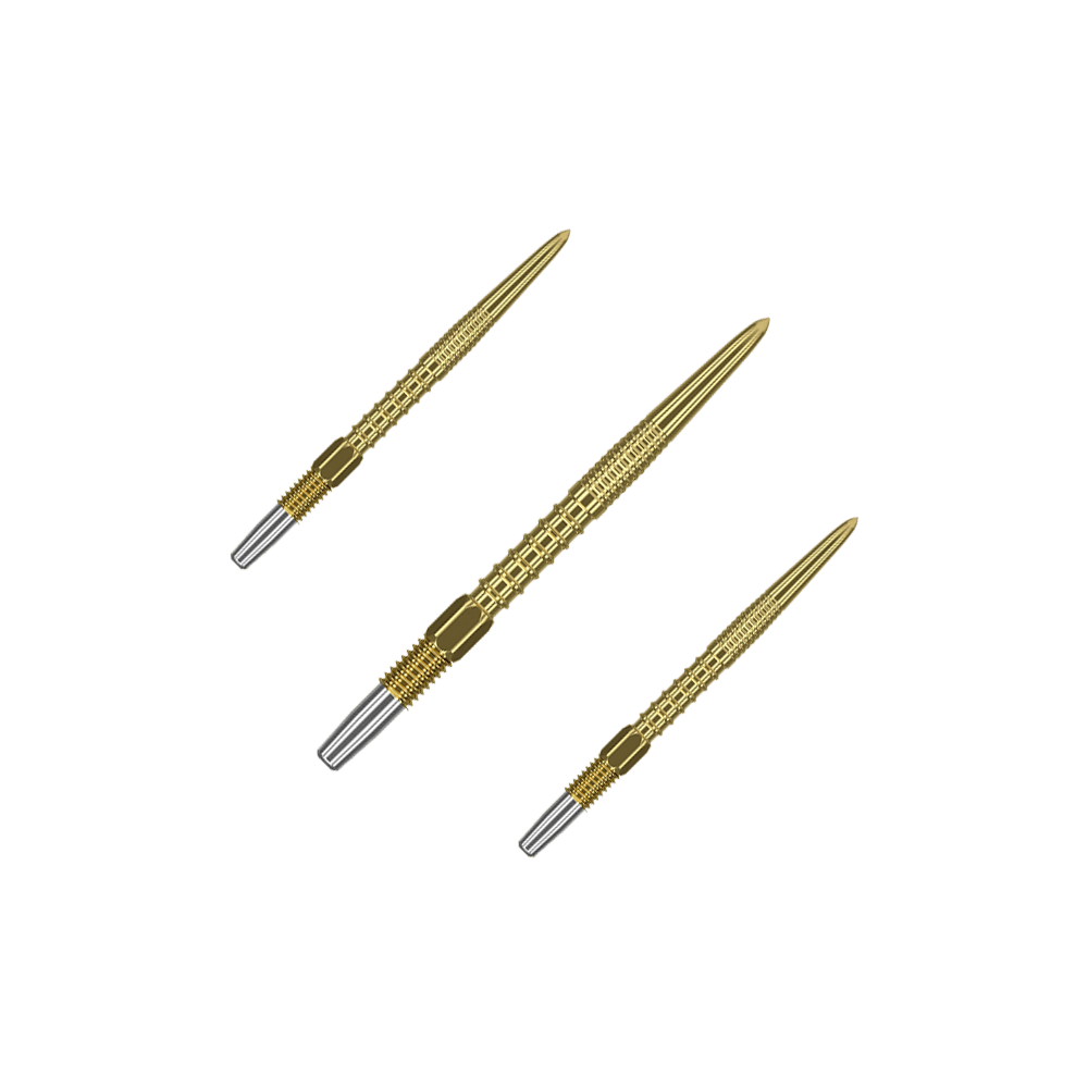 Zaměřte hroty šipek Swiss Firepoint Gold Das Bild zeigt drei goldfarbene Dartspitzen mit silbernem Ende. Sie sind länglich und haben eine strukturierte Oberfläche.