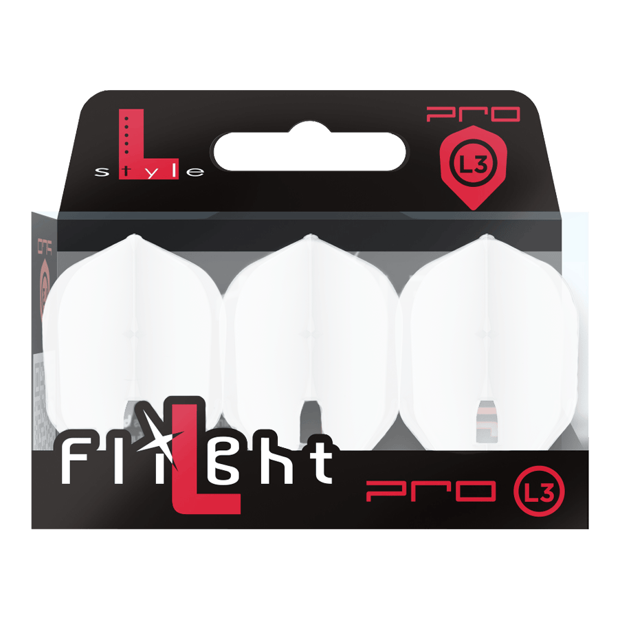 Letky ve tvaru L-Style Champagne L3PRO Das Bild zeigt ein Produkt mit dem Namen 'L-Style Champagne L3PRO Shape Flights White 2'. Es handelt sich vermutlich um einen weißen Dart-Flug in spezieller Form.