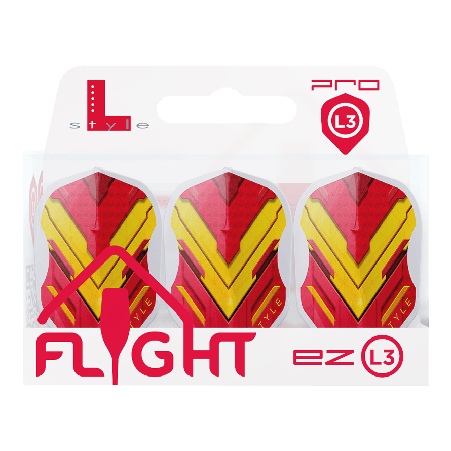 Letky L-Style V Series V1 Type A Španělsko Čirá bílá L3EZ Das Bild zeigt eine Packung mit drei Dart-Flights der Marke L-Style in den Farben Rot und Gelb. Auf der Verpackung steht „FLIGHT ez L3“ und oben rechts ist das Pro L3-Logo zu sehen.