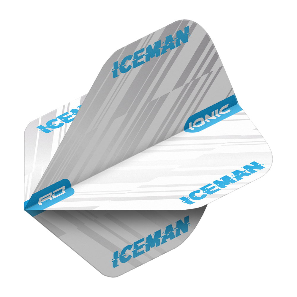 Das Bild zeigt ein Dart-Flight mit weißem Hintergrund und blauen sowie grauen Streifen. Auf dem Flight steht mehrmals das Wort "ICEMAN" in blauer Schrift.