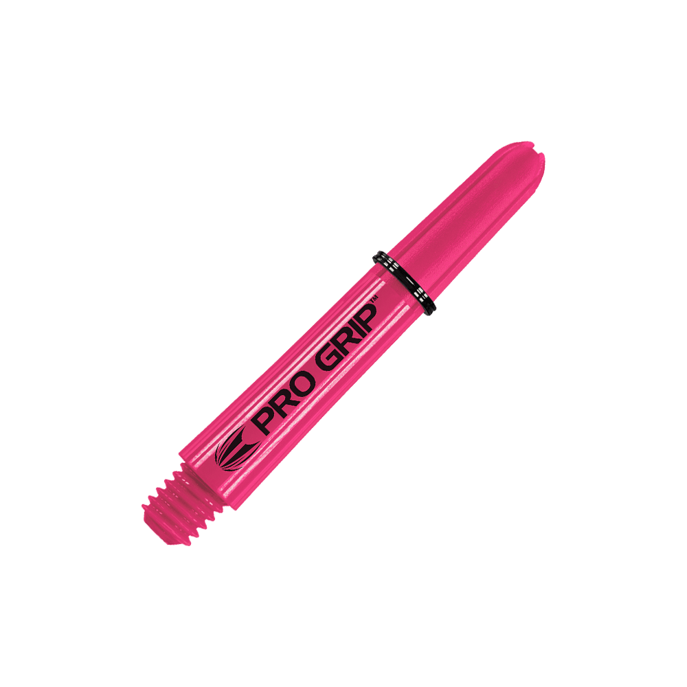 Auf dem Bild ist ein pinker Dart-Schaft mit der Aufschrift "PRO GRIP" zu sehen. Er ist 34 mm lang und hat eine glatte Oberfläche.