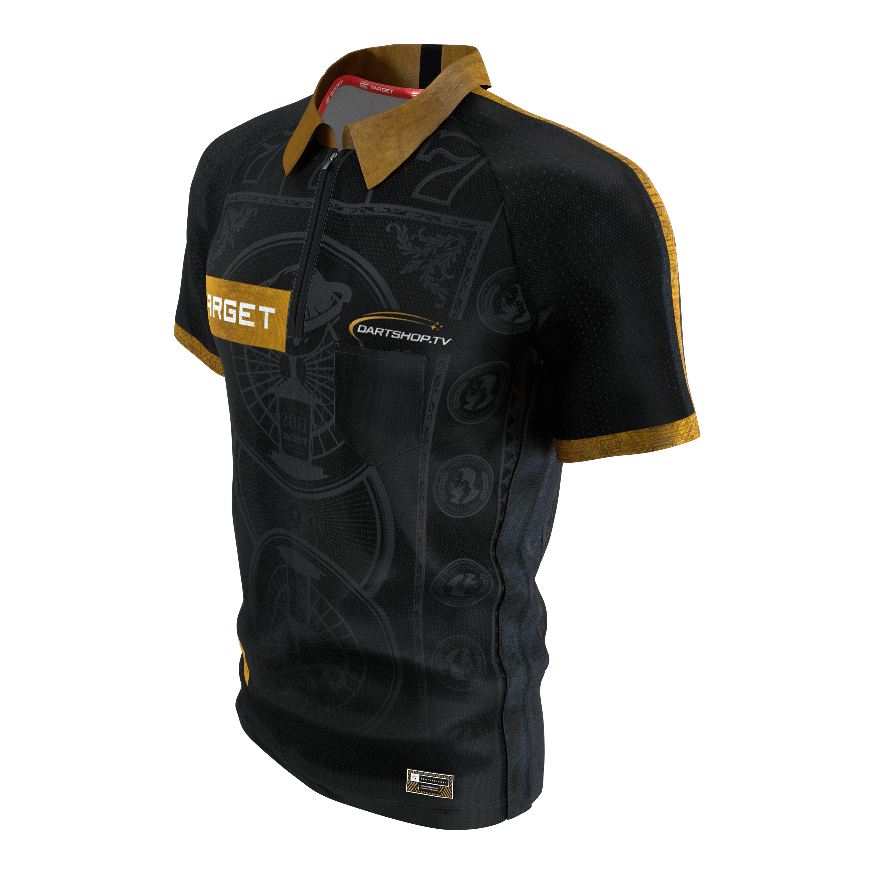 Tričko Target Adrian Lewis s motivem šipky 2026 Das Bild zeigt das Target Adrian Lewis Dartshirt 2026. Das Dartshirt ist ein offizielles Sporttrikot mit markantem Design.