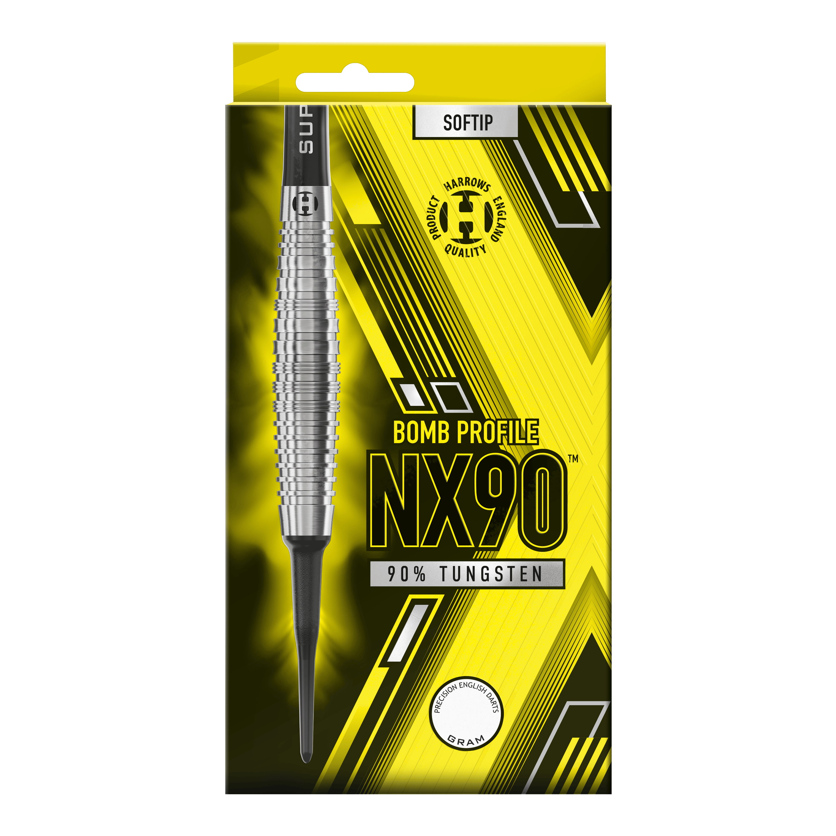 Měkké šipky Harrows NX90 Bomb Die Verpackung zeigt die "Harrows NX90 Bomb Softdarts" mit einem auffälligen gelb-schwarzen Design. Auf der Vorderseite steht, dass die Darts aus 90% Tungsten bestehen und eine Bombenform haben.