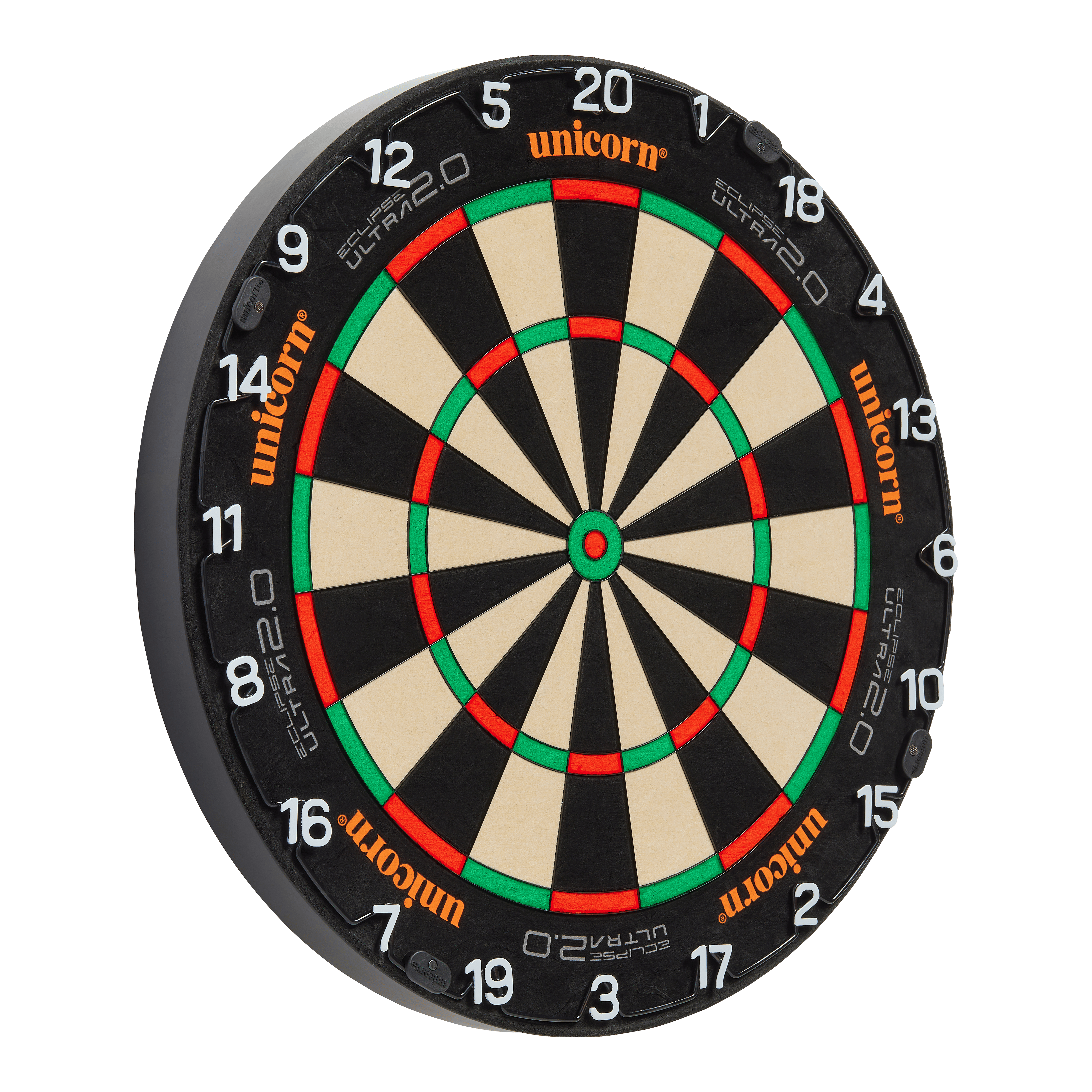 Das Bild zeigt eine Unicorn Eclipse Ultra 2.0 Steeldartboard. Die Dartscheibe hat ein klassisches Design mit schwarzen, weißen, roten und grünen Segmenten.