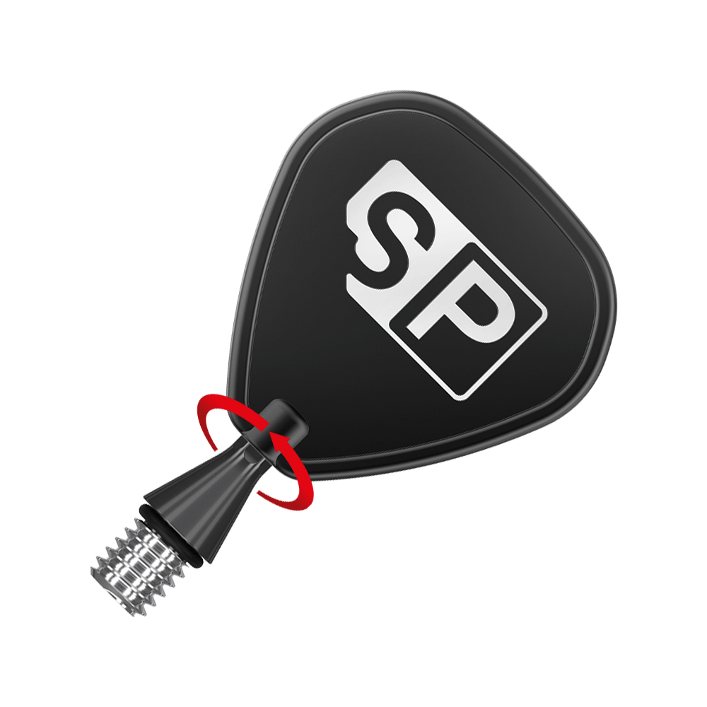 380160_Target_Titanium_Swiss_Point_Nano_Conversion_Points_Schwarz_3 Das Bild zeigt eine schwarze Dartspitze mit einem Pfeil für die Schraubbewegung. Auf der Spitze ist das weiße Logo "SP" abgebildet.