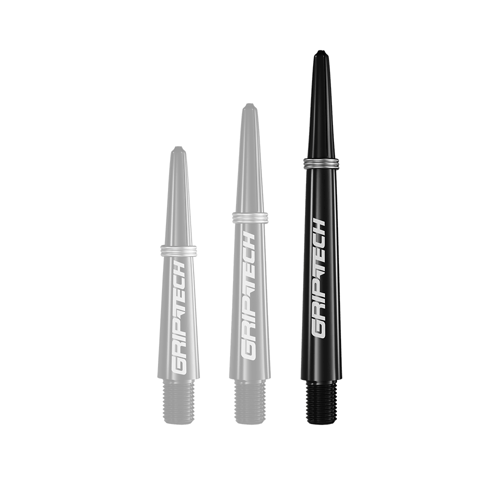 Auf dem Bild sind drei schwarze Dartschäfte in verschiedenen Längen zu sehen. Auf jedem Schaft steht das weiße Logo "GRIPTECH".