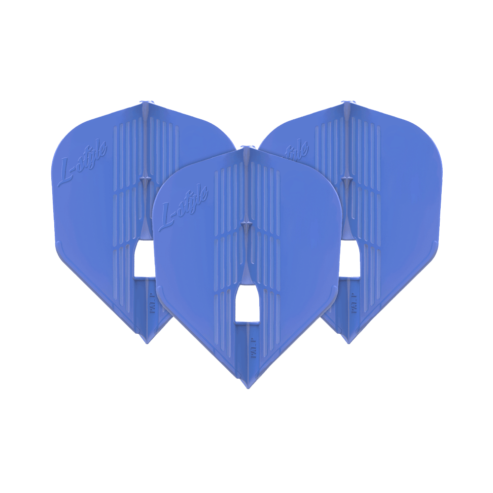Letky KAMI L3PRO ve stylu L Das Bild zeigt drei blaue Dartflights der Marke L-Style. Sie sind nebeneinander aufgereiht und haben eine moderne, strukturierte Oberfläche.