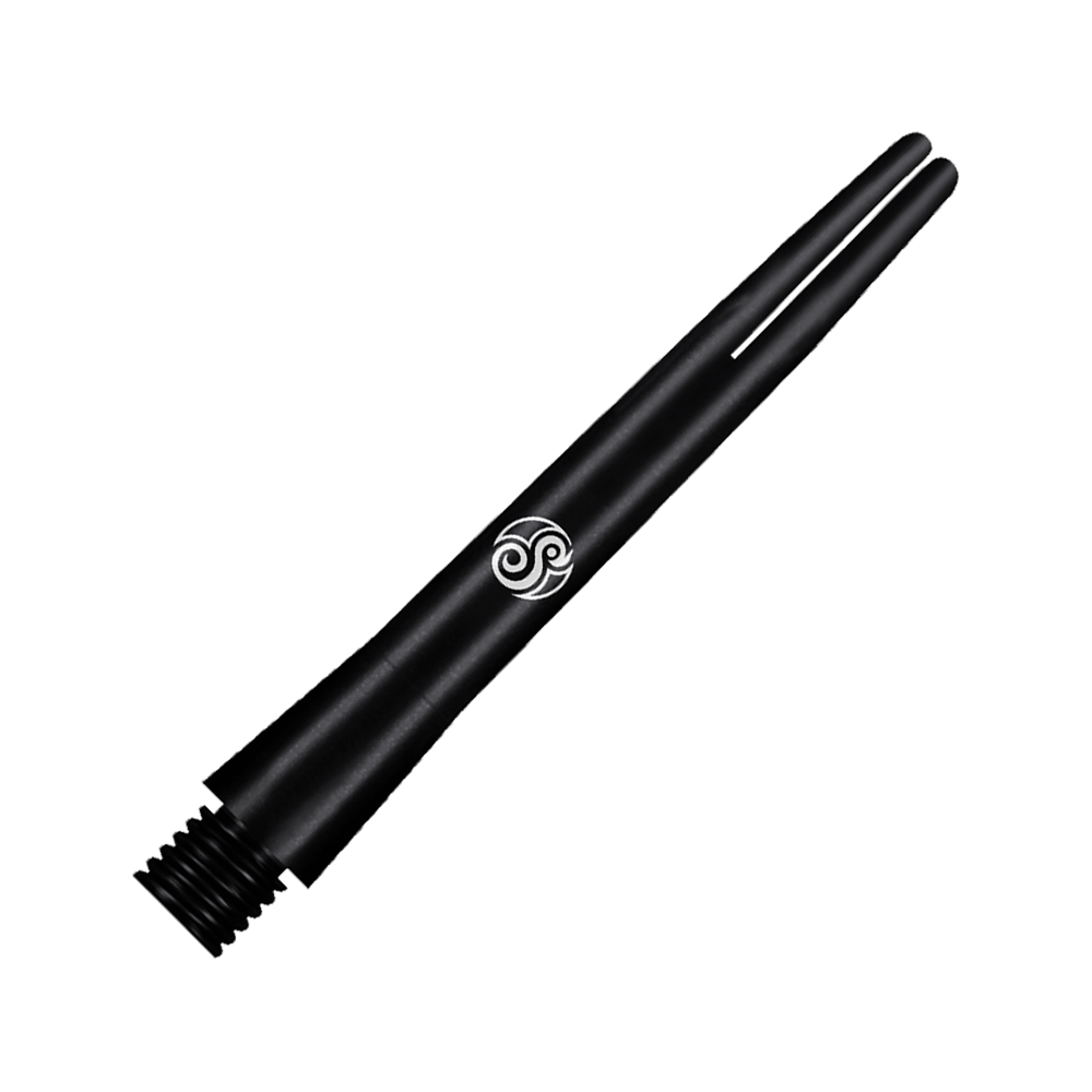 SM3809-I_Shot_Aluminium_Shafts_Black_41mm_2 Dies ist ein schwarzer Aluminium-Schaft der Marke Shot. Er hat ein elegantes, mattes Design mit einem weißen Logo in der Mitte.