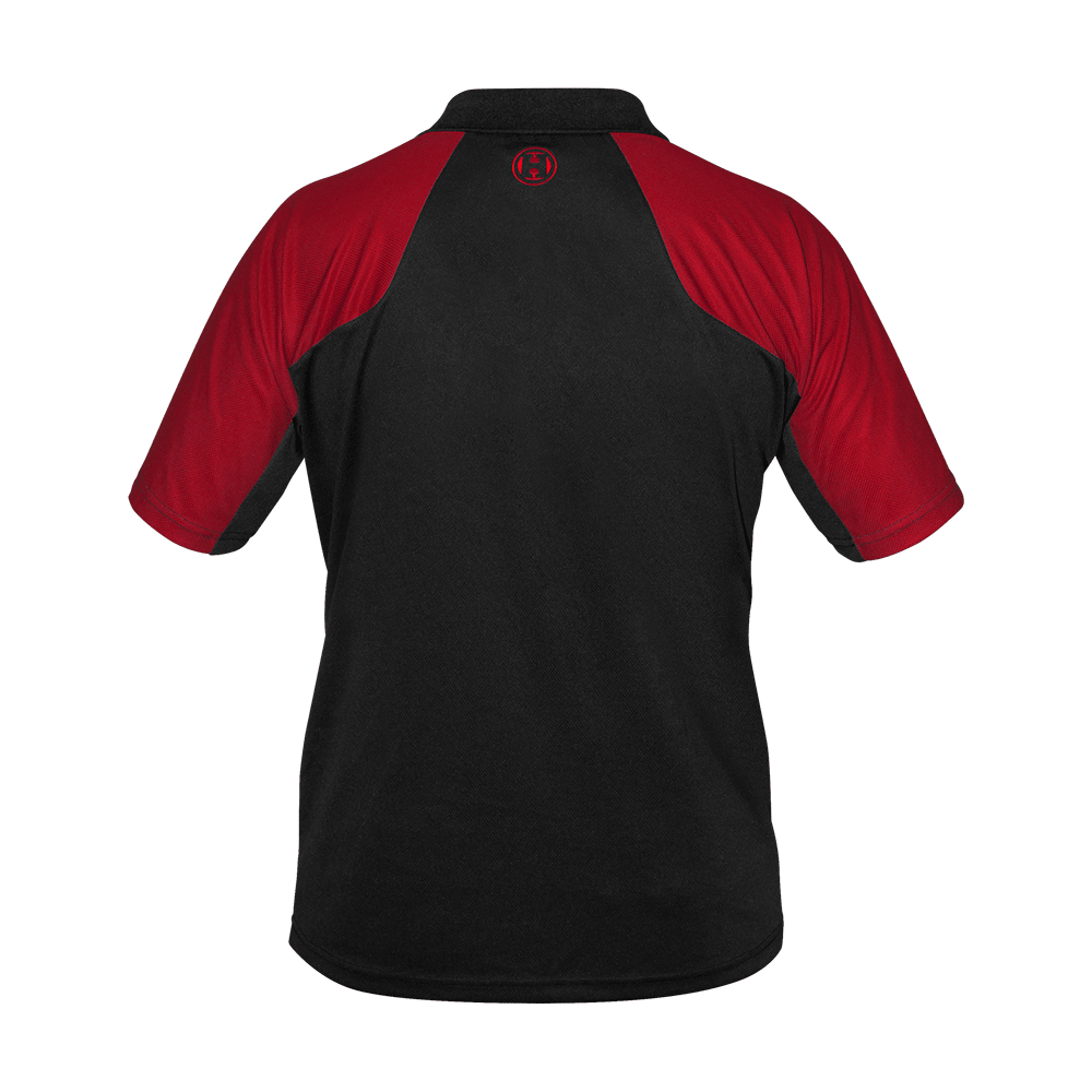 17416-Harrows-Vivid-Dartshirt-Black-Red-2vZx48MEm4REEL Das Bild zeigt ein Dartshirt in den Farben Schwarz und Feuerrot. Die Rückseite des Shirts ist überwiegend schwarz mit roten Ärmeln und Schultern.