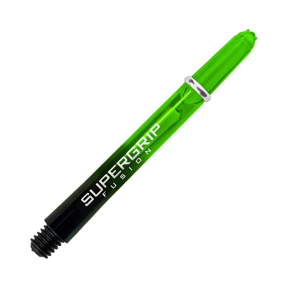 Das Bild zeigt einen grünen Harrows Supergrip Fusion Dartshaft. Im Hintergrund sind grüne und weiße Streifen zu sehen, die den Shaft hervorheben.