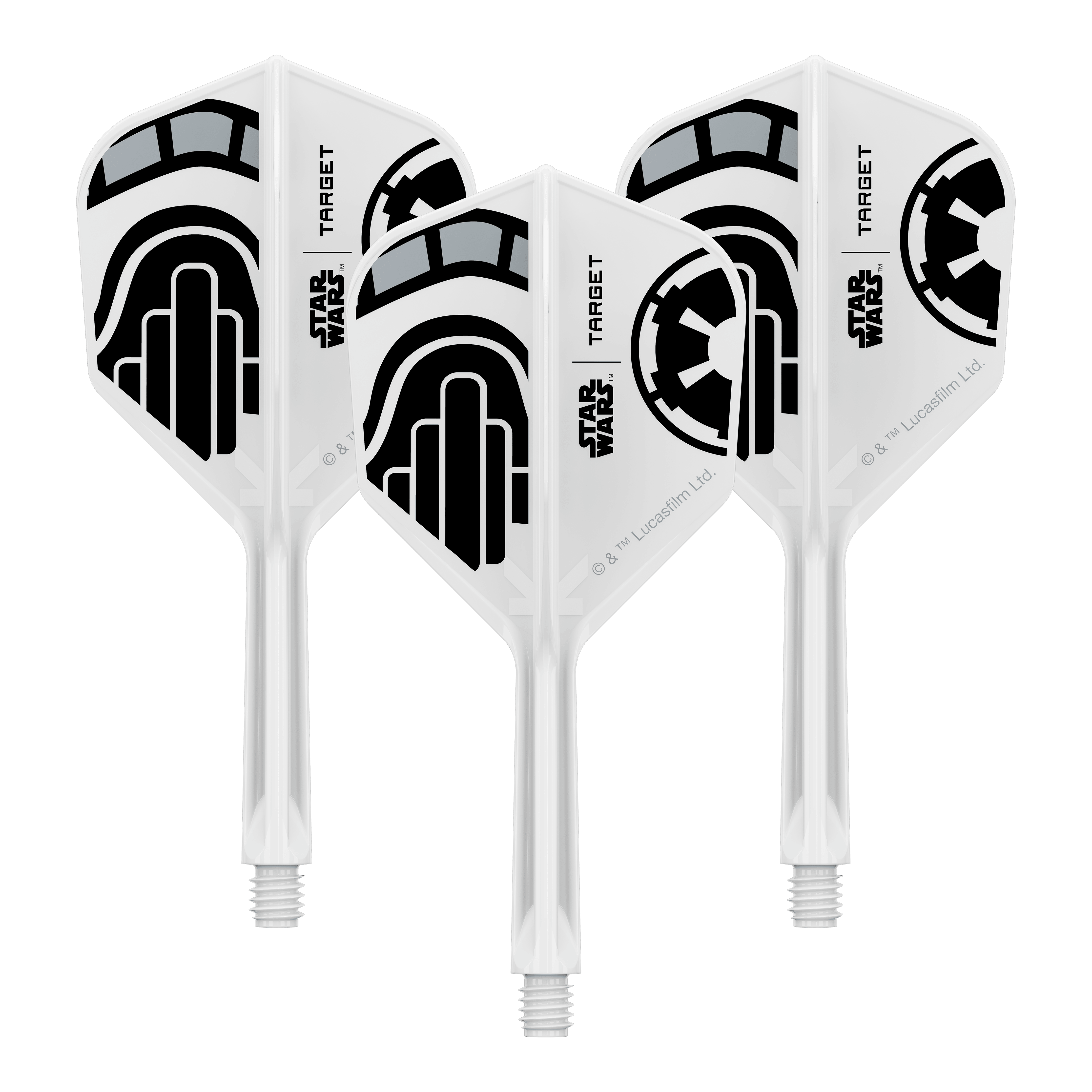 Abgebildet ist ein Dartflügel-Set im Star Wars Design mit dem Namen 'Stormtrooper No6 Flights Intermediate 26mm'. Das Set eignet sich für den Austausch von Dartflügeln.