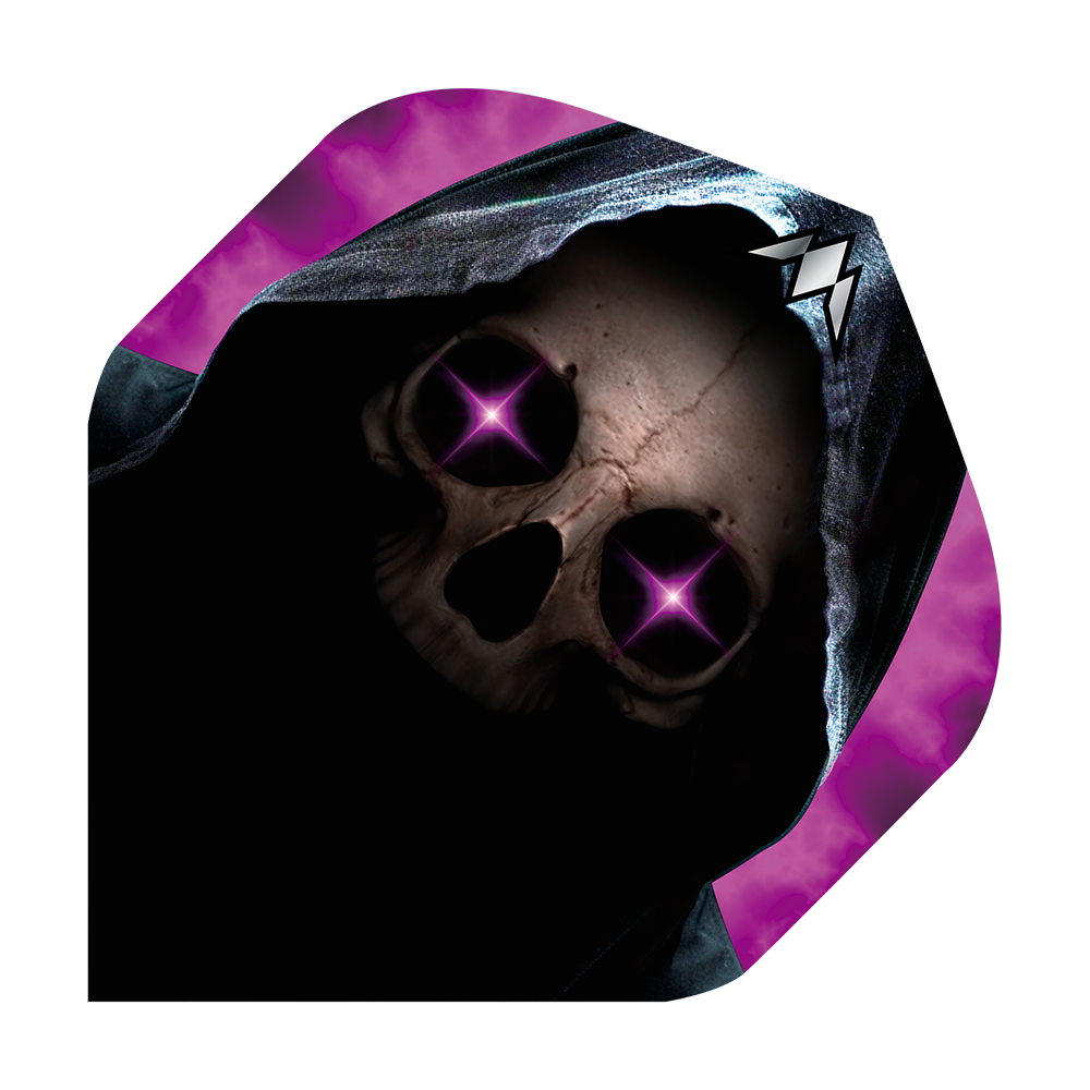 Standardní lety Mise Solo Phantom No2 Das Bild zeigt ein Dartflight mit einem Totenkopf in einer dunklen Kapuze. Die Augen des Schädels leuchten in einem auffälligen Lila mit Sternenform.