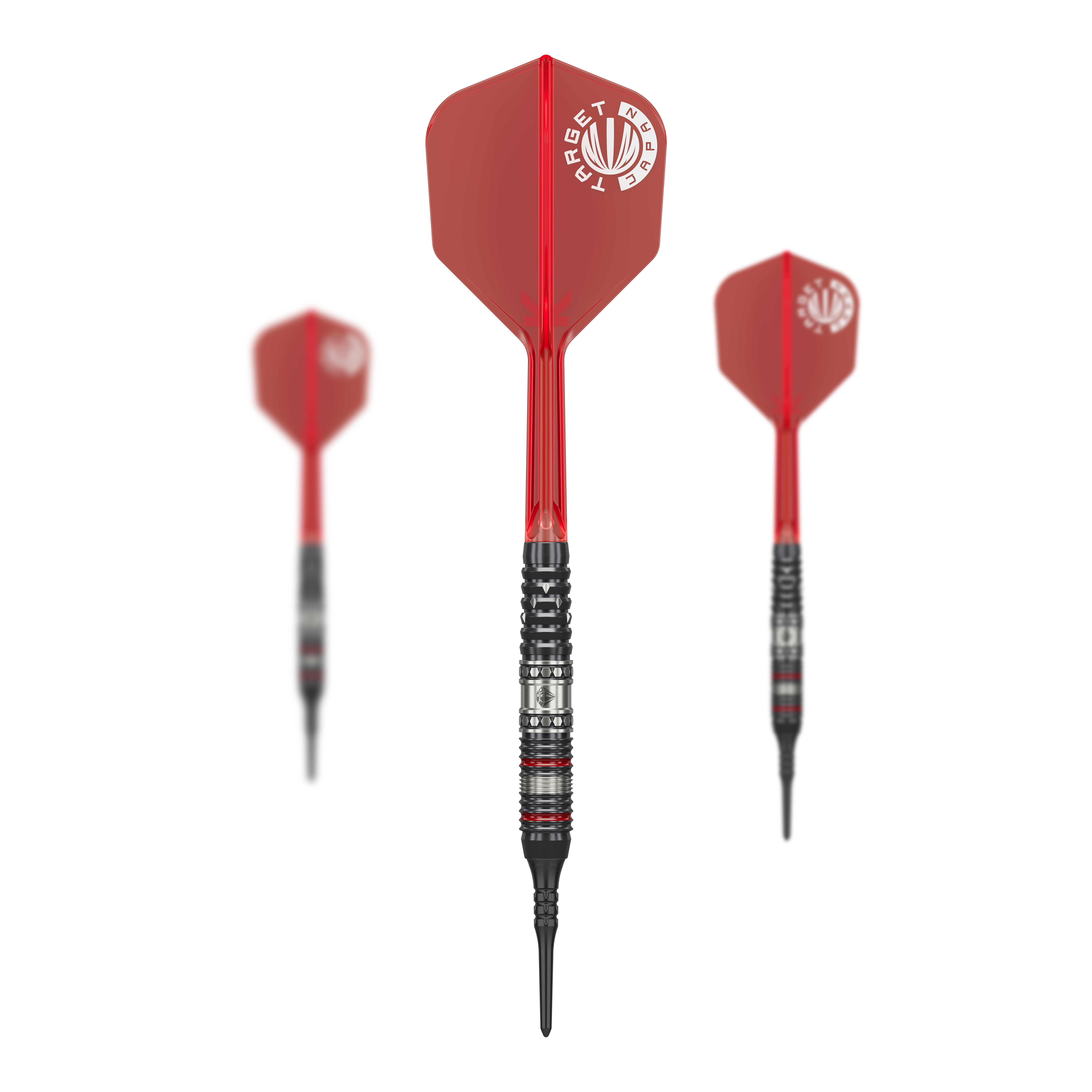 Měkké šipky Target Japan Prime Series Diamond GEN3 - 18g Das Bild zeigt drei Softdarts aus der Serie "Target Japan Prime Series Diamond GEN3" mit einem Gewicht von 18g. Die Darts haben rote Flights und schwarze Spitzen.