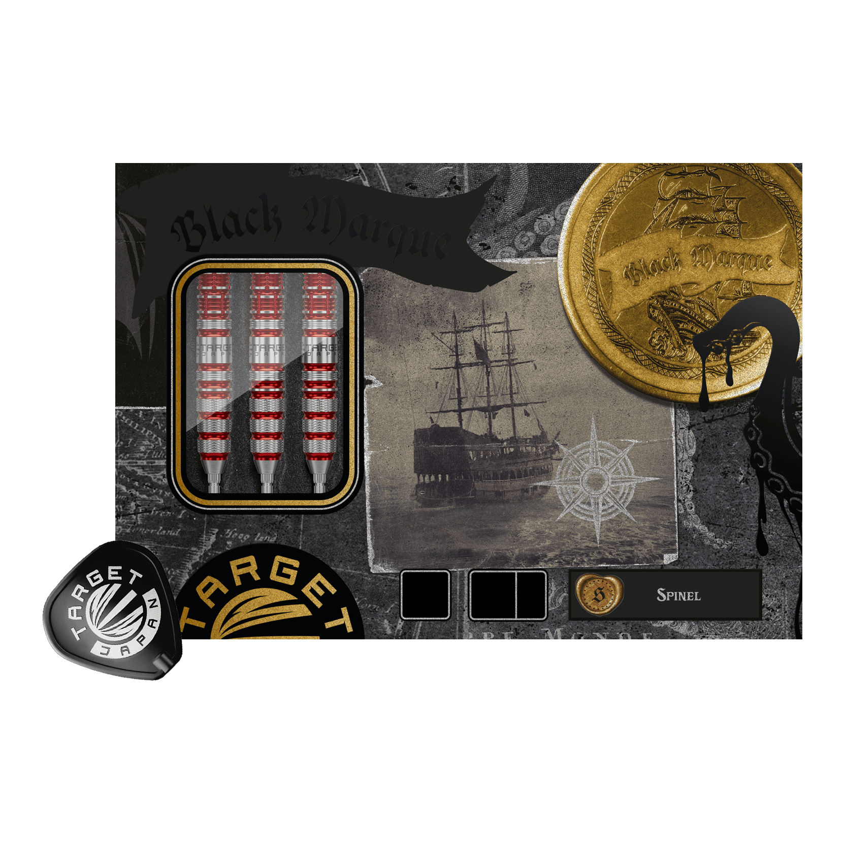 Ocelové šipky Target Japan Black Marque Spinel Swiss Point - 23g Abgebildet ist der Target Japan Black Marque Spinel Swiss Point Steeldart mit 23 Gramm Gewicht. Das Produkt überzeugt durch seine Qualität und Verarbeitung.