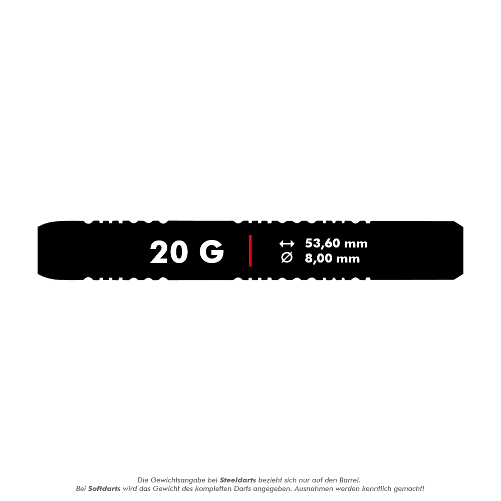2237_Winmau_Michael_Van_Gerwen_MvG_Ambition_Softdarts_5_20g Das Bild zeigt Angaben zu den Winmau Michael Van Gerwen MvG Ambition Softdarts mit einem Gewicht von 20 g. Die Länge beträgt 53,60 mm und der Durchmesser 8,00 mm.