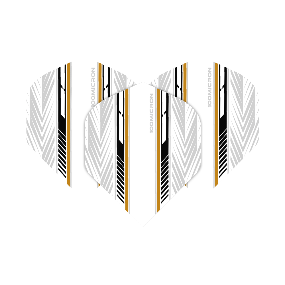 Letky pro pětiboj bílé/černé/zlaté Das Bild zeigt die Pentathlon White Black Gold No2 Standard Flights für Dartpfeile. Die Flights sind überwiegend weiß mit schwarzen und goldenen Zierstreifen sowie geometrischen Mustern.