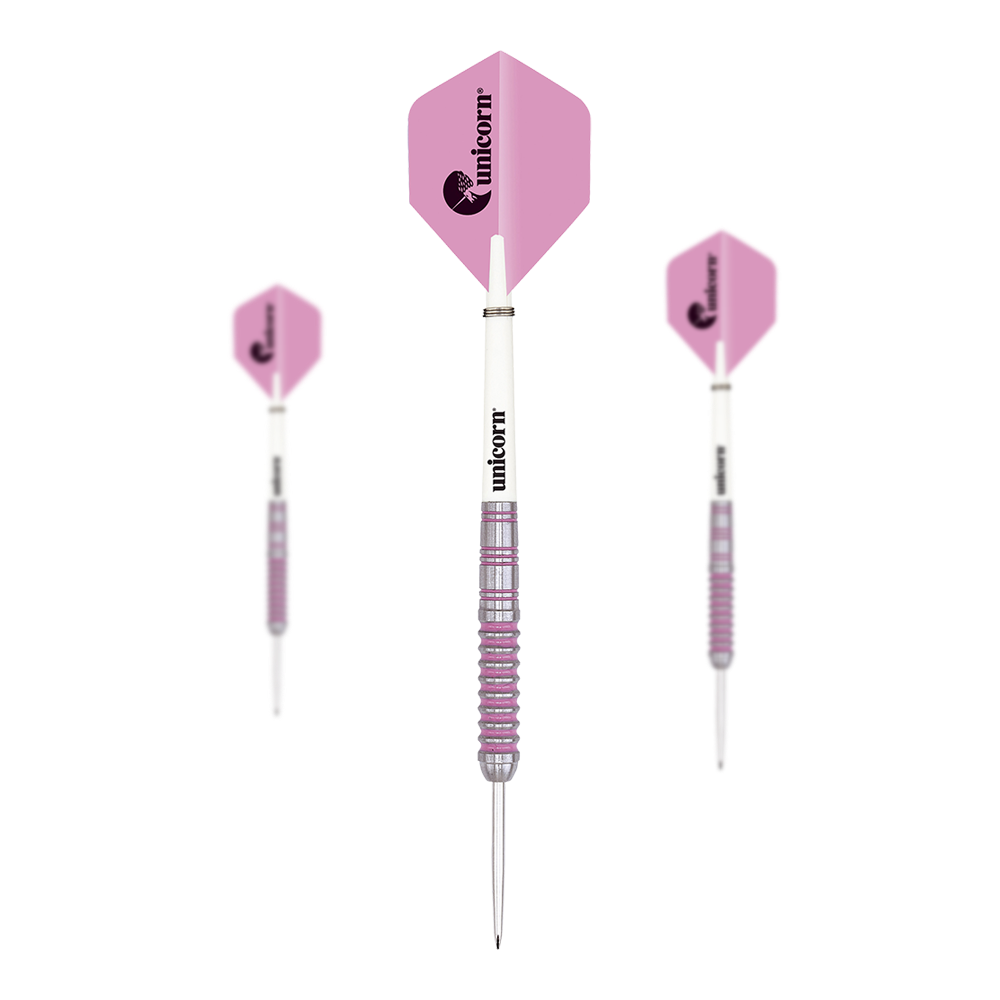 Autogram Unicorn Steeldarts Das Bild zeigt drei Unicorn Autograph Steeldarts mit rosa Flights. Die Darts haben eine weiße Mitte und einen geriffelten, silber-rosa Schaft.