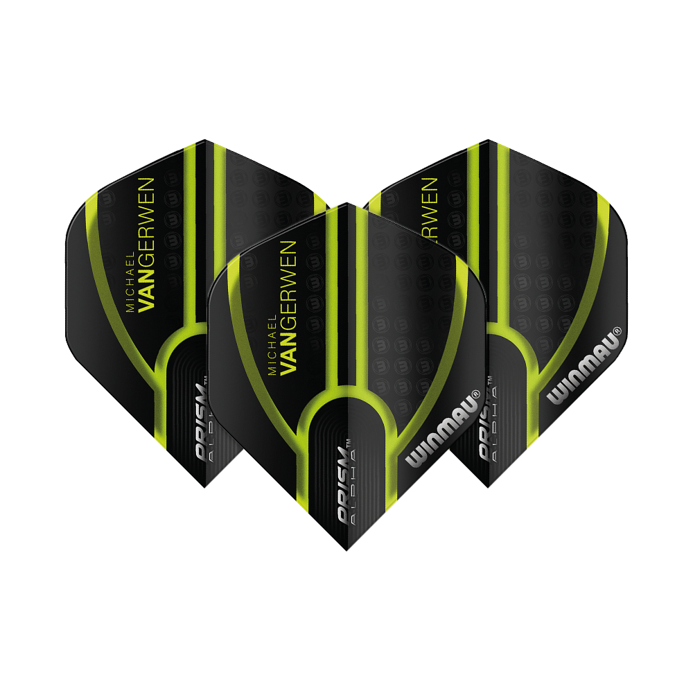 6915-143_Winmau_Prism_Alpha_MvG_Black_Green_V1_Standard_Flights_1dQZFRZdLARkiM Das Bild zeigt drei schwarze und grüne Dartflights mit dem Aufdruck "Michael van Gerwen" und "Winmau". Es handelt sich um das Produkt "Winmau Prism Alpha MvG Black Green V1 Standard Flights".