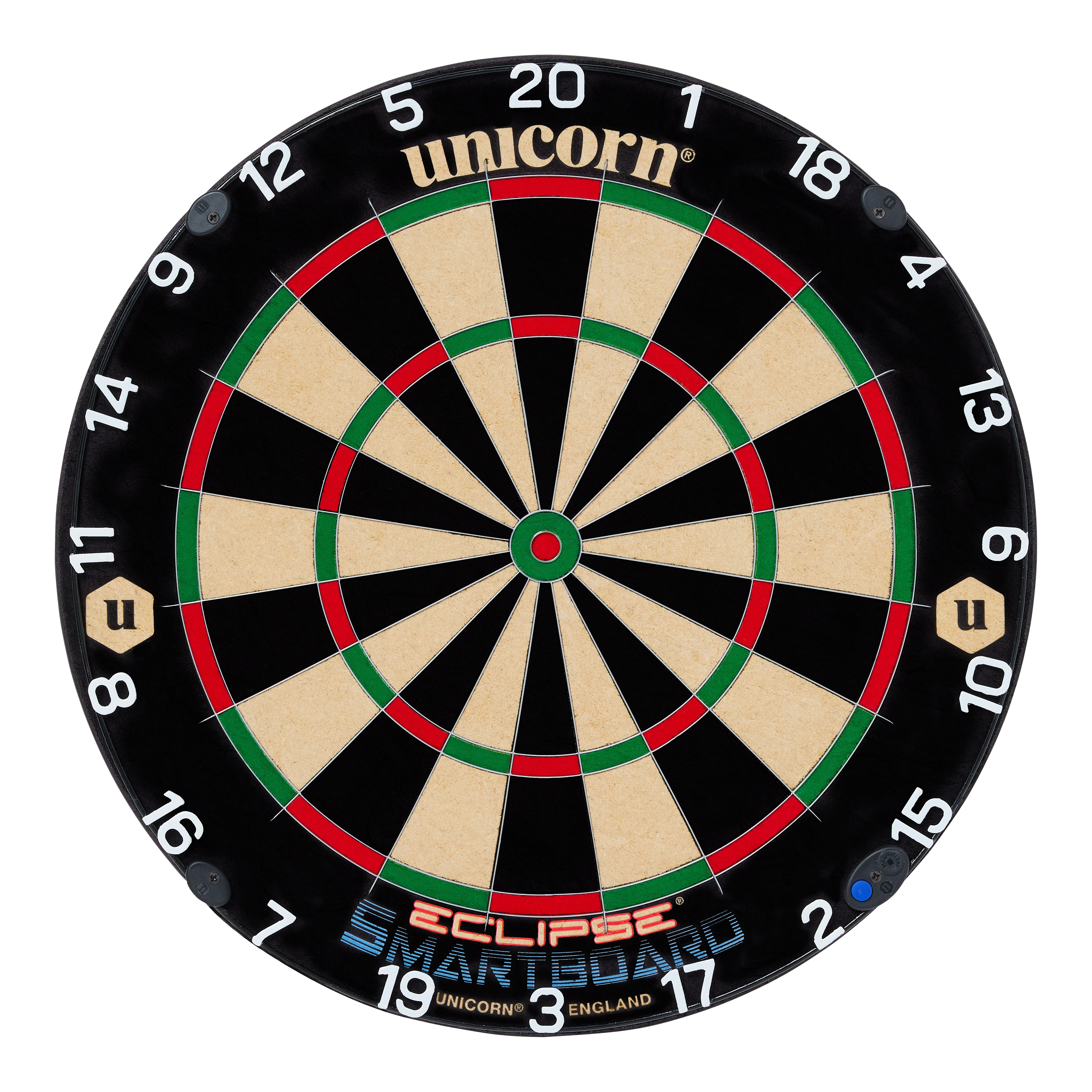 Ocelový terč Unicorn Eclipse Smartboard Das Bild zeigt eine Steeldart-Scheibe mit der Aufschrift "Unicorn Eclipse Smartboard". Die Felder sind klassisch in Schwarz, Weiß, Rot und Grün gehalten und die Zahlen sind rund um den Rand angeordnet.