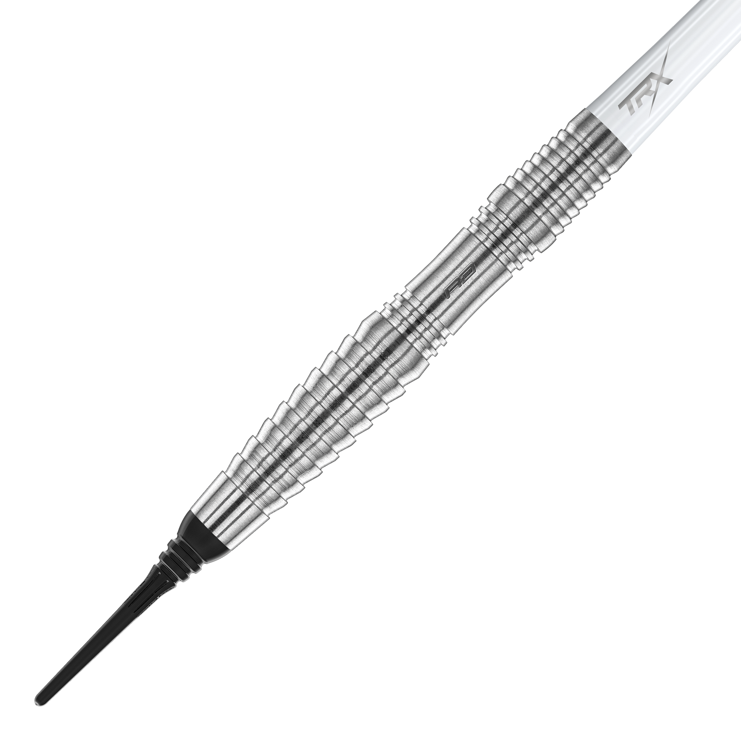 Šipky Red Dragon Seren 3 Pure Softdarts - 20g Das Bild zeigt einen Red Dragon Seren 3 Pure Softdart mit einem Gewicht von 20g. Der Dart hat einen silberfarbenen, geriffelten Metallkörper und eine schwarze Spitze.