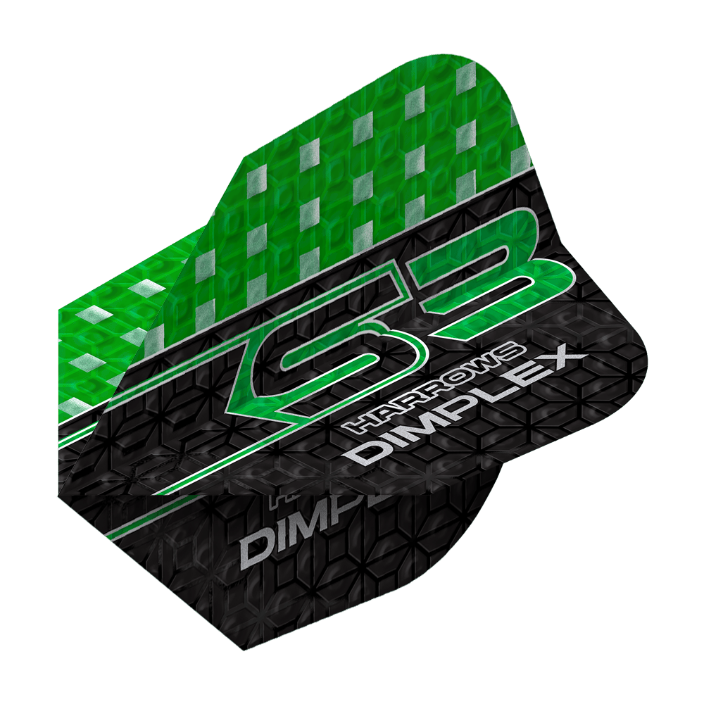 Lety Harrows Dimplex S3 - zelené Das Bild zeigt einen grünen und schwarzen Dartflight mit der Aufschrift "Harrows Dimplex S3". Das obere Drittel ist grün mit silbernen Quadraten, der Rest ist schwarz mit einem Muster und weißen Schriftzügen.