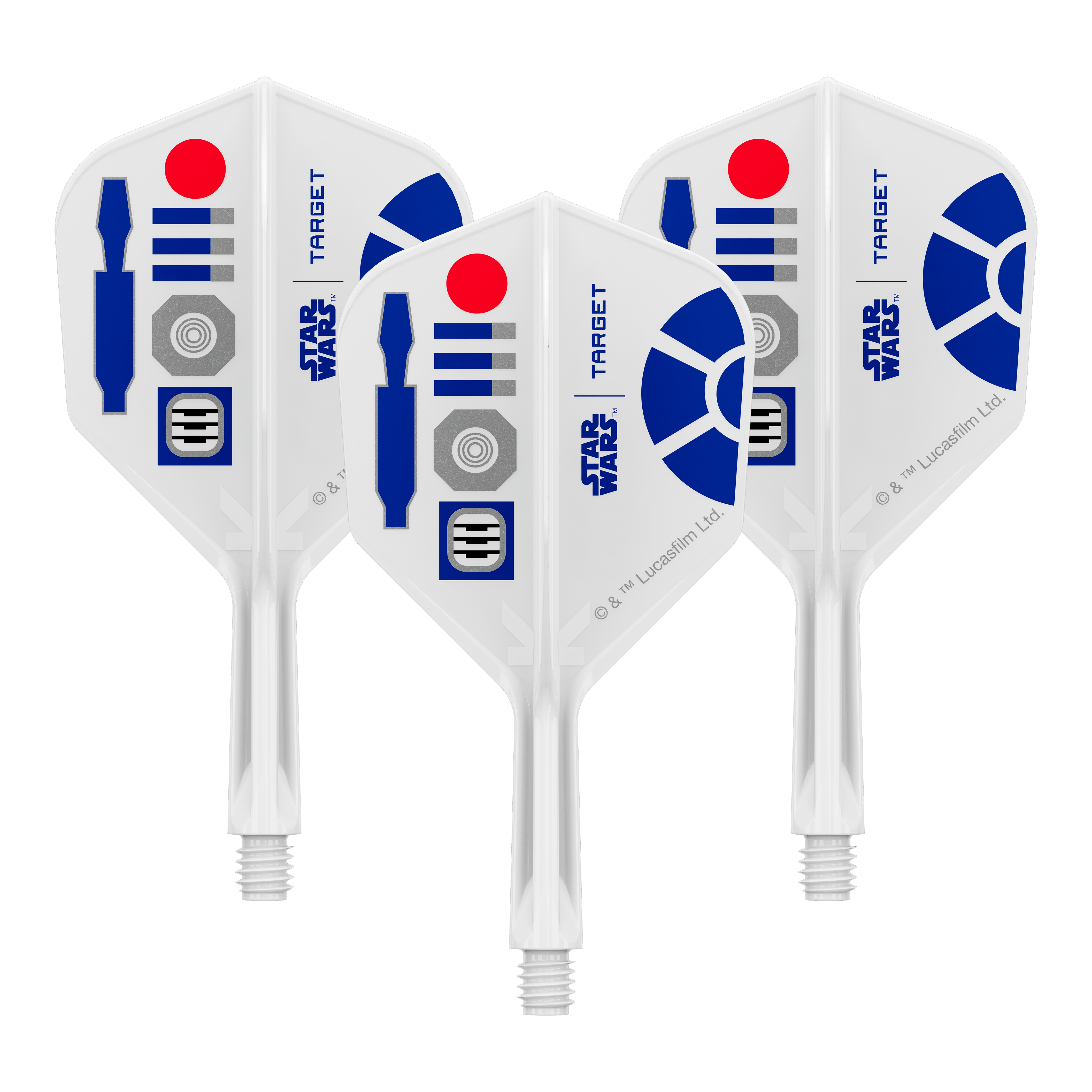 Lety Target Star Wars K-Flex R2D2 č. 6 Abgebildet sind Dart-Flights mit Star Wars R2D2 Motiv und dem Dateinamen 410510_Target_StarWars_KFlex_R2D2_No6_Flights_Short_19mm_1Set. Es handelt sich um ein Set kurzer Dart-Flights.
