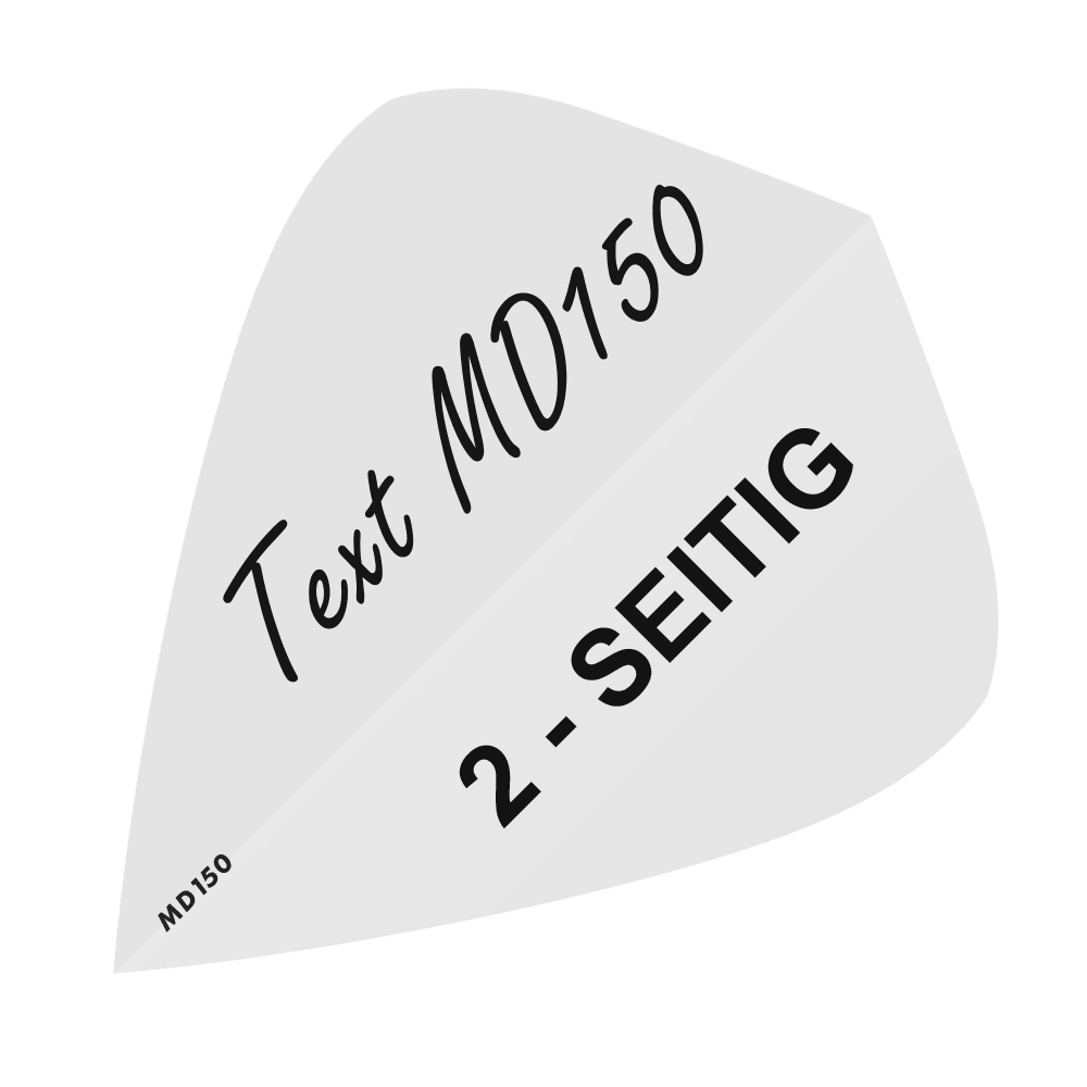 MD-301_2-Seitig_Bedruckte_Flights_Wunschtext_MD150_Weiss_Kite_1 Das Bild zeigt eine Vorlage für bedruckte Flights mit dem Text "Text MD150" und "2-SEITIG". In der unteren linken Ecke steht zusätzlich "MD150".