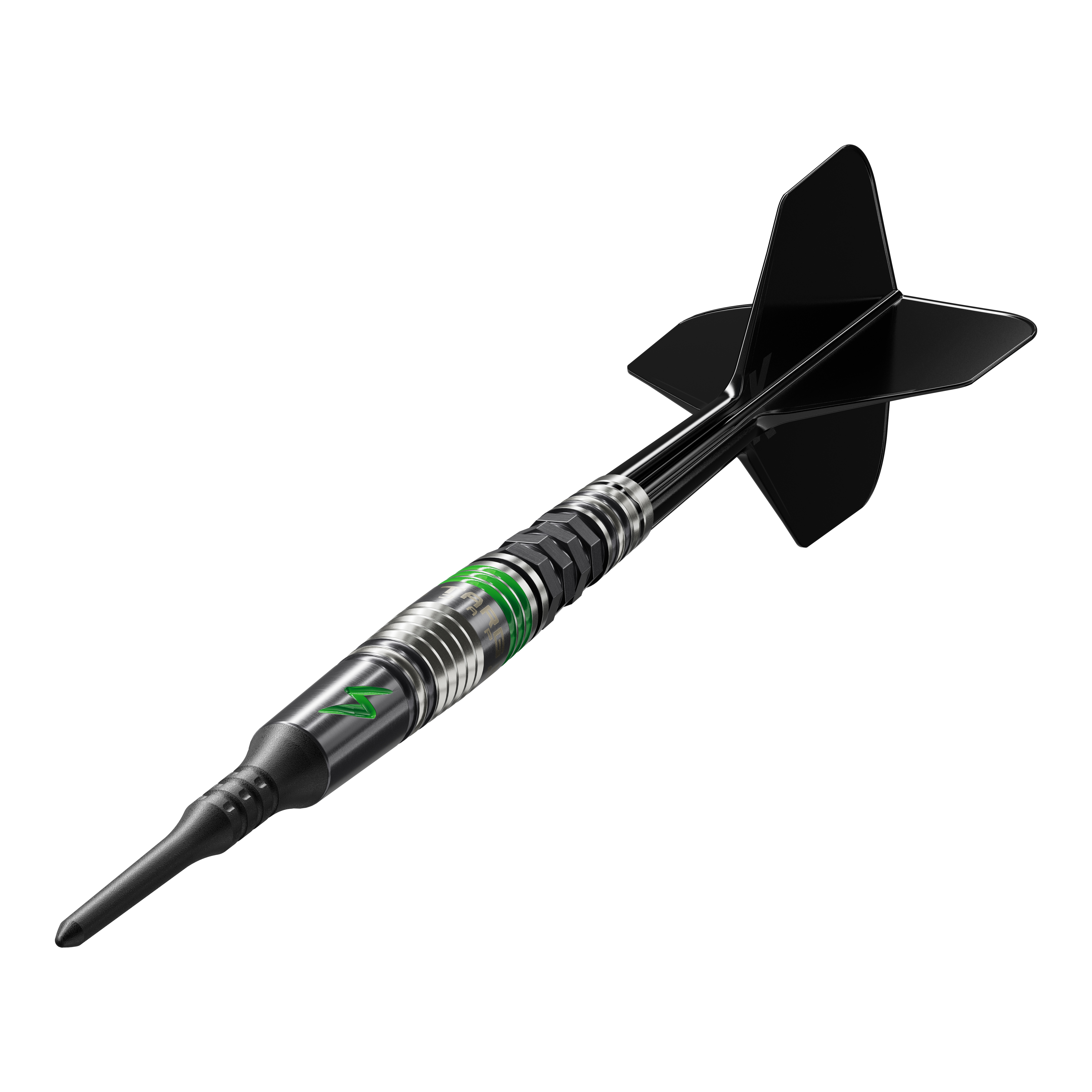 Das Bild zeigt einen Softdart der Marke Target Japan Black Marque Lightning 3 mit einem Gewicht von 19 Gramm. Der Dartpfeil ist schwarz und silber mit grünen Akzenten und hat schwarze Flights.