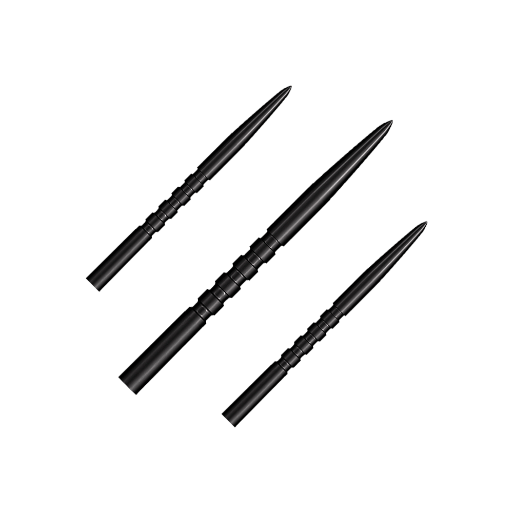 Das Foto zeigt ein Set schwarzer Steeldartspitzen. Es handelt sich um das Modell Grip Point mit 35 mm Länge.
