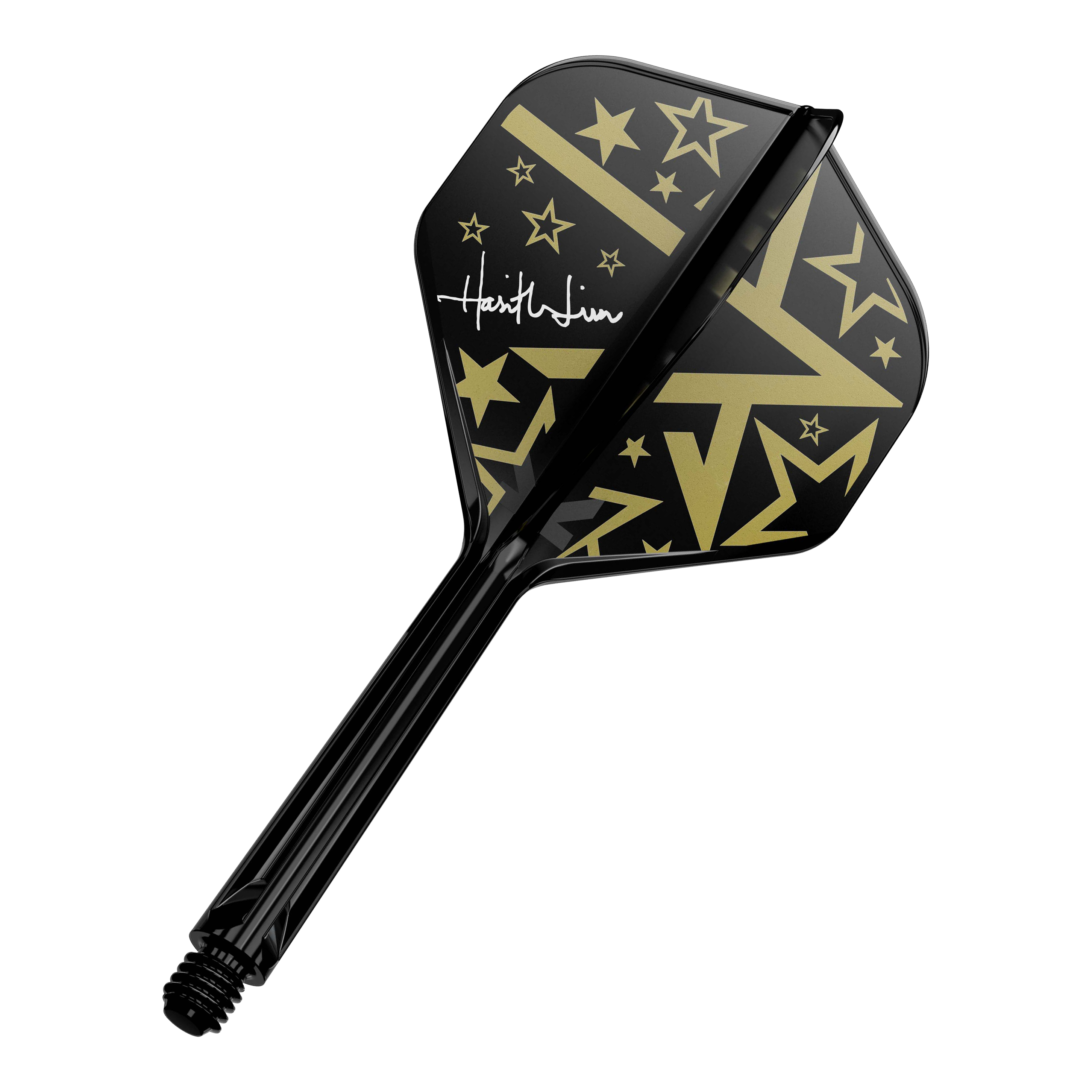Target Japan K-Flex Hot Shot No2 Standardní letový hřídelový systém Dies ist ein schwarzer Dartschaft mit einem Flight in Schwarz und Gold. Das Flight-Design zeigt goldene Sterne und geometrische Muster sowie eine weiße Unterschrift.