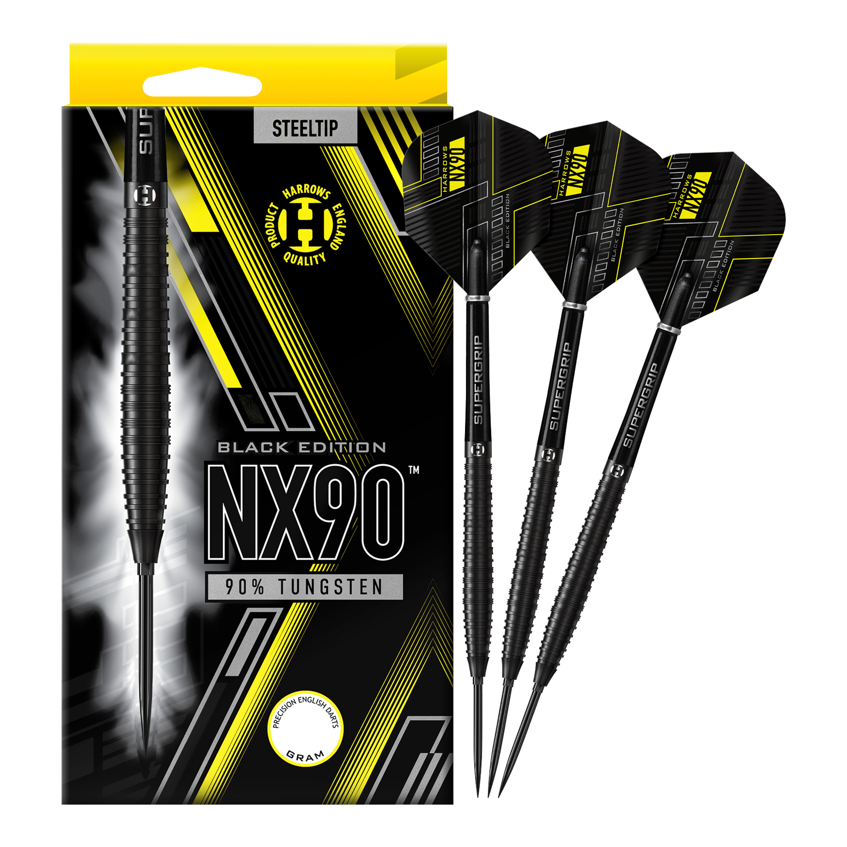 Harrows NX90 Black Edition Tapered Quick Point ocelové šipky Abgebildet sind die Harrows NX90 Black Edition Tapered Quick Point Steeldarts. Die schwarzen Steeldarts haben eine schlanke, konische Form.