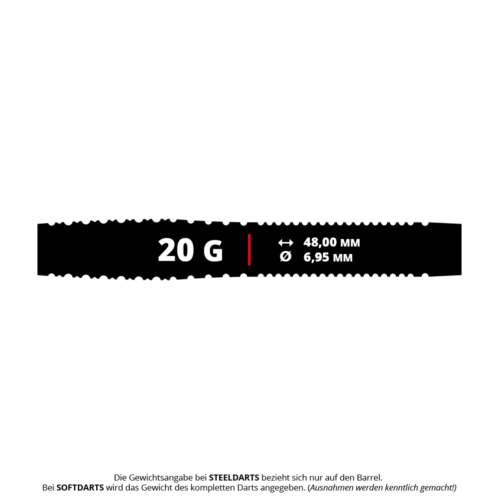 Šipky Mission Venom Softdarts - 20g Das Bild zeigt die Produktdetails der Mission Venom Softdarts mit einem Gewicht von 20 Gramm. Die Länge beträgt 48,00 mm und der Durchmesser 6,95 mm.