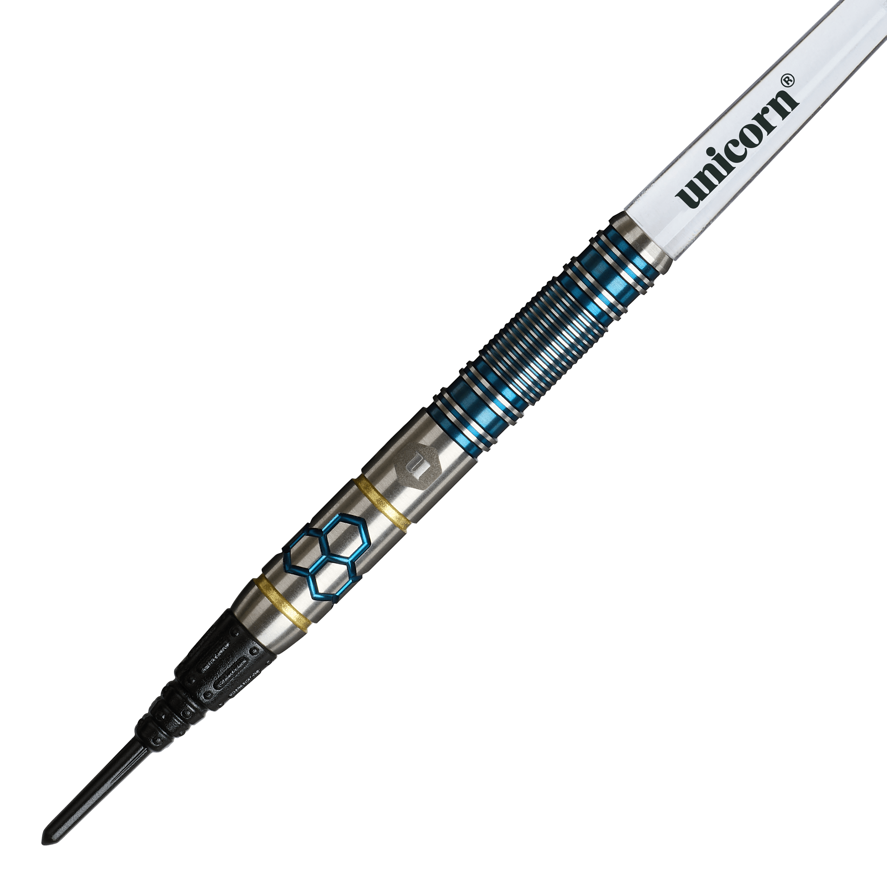 Unicorn Hexium Style 02 Blue & Gold Softdarts - 21g ist auf diesem Bild zu sehen. Die Softdarts sind in den Farben Blau und Gold gestaltet.