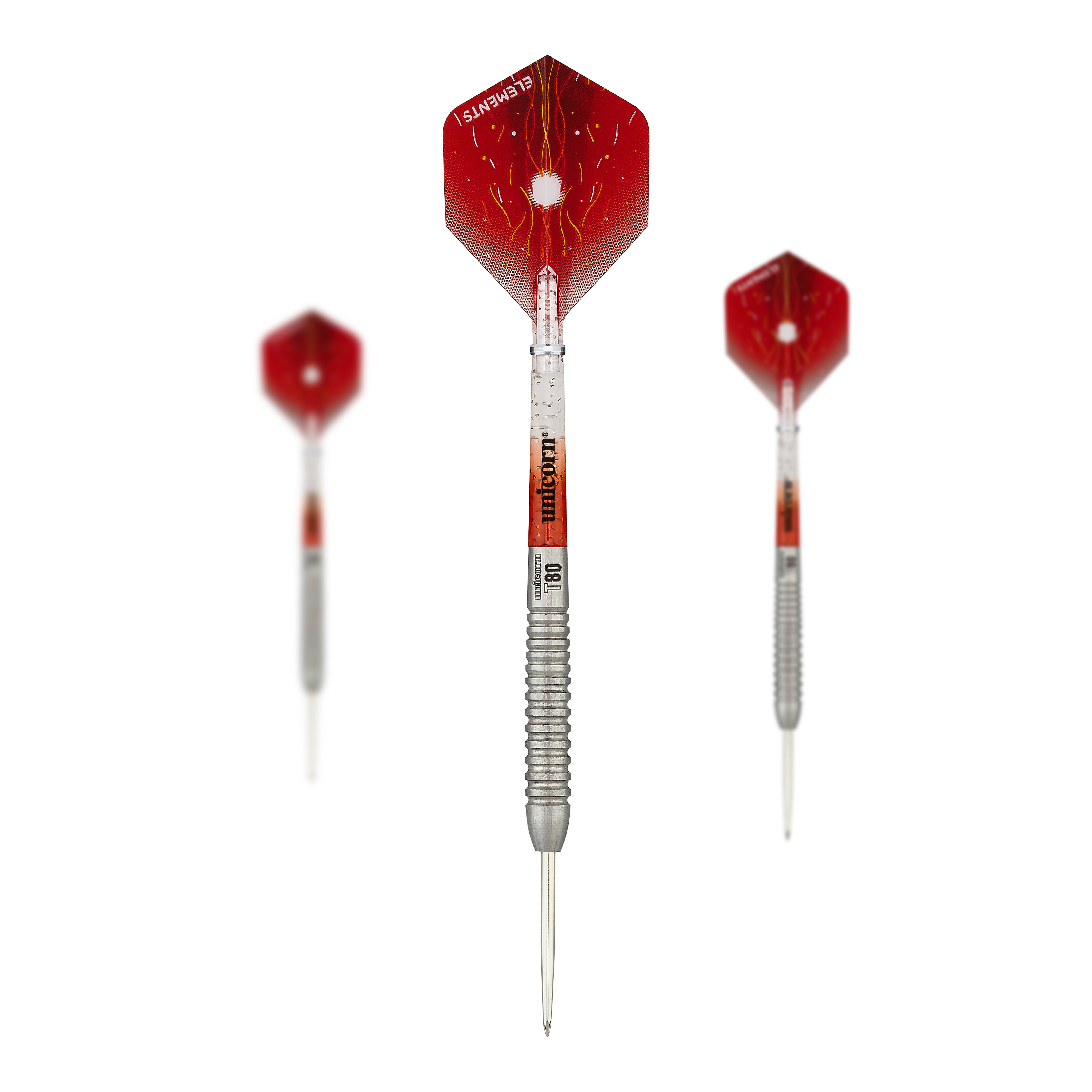 Ocelové šipky Unicorn Core XL Striker Style 5 Das Bild zeigt drei Steeldarts des Produkts "Unicorn Core XL Striker Style 5". Die Darts haben rote Flights und einen silbernen, geriffelten Schaft.