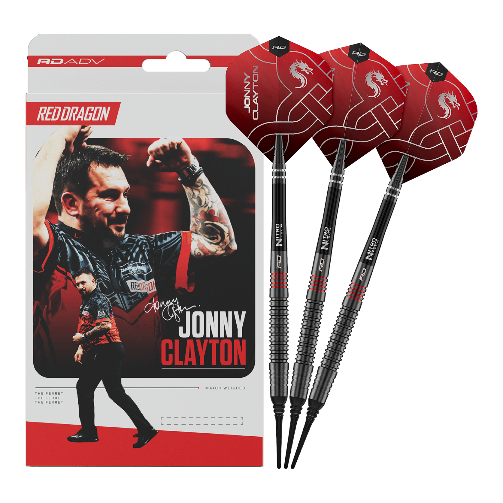 Měkké šipky Red Dragon Jonny Clayton RD-ADV - 18g Das Foto zeigt die Red Dragon Jonny Clayton RD-ADV Softdarts - 18g. Die volle Länge des Darts ist abgebildet.