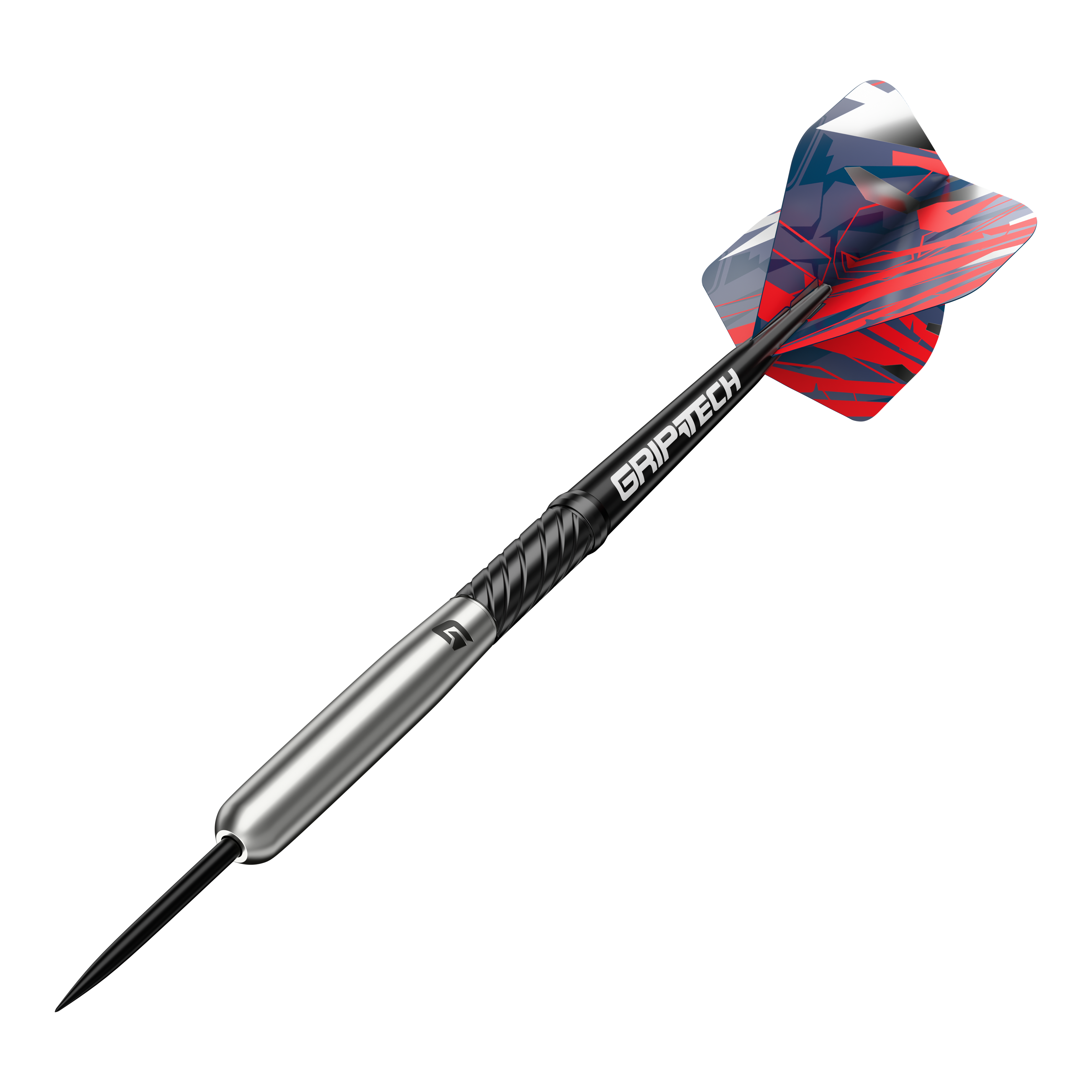 Šipky GOAT Homerun Baseball Tungsten Steel Das Bild zeigt einen GOAT Homerun Baseball Tungsten Steeldart mit farbigem Flight und schwarzem Schaft. Der Dart hat einen silbernen Körper und trägt die Aufschrift "GRIPTECH".