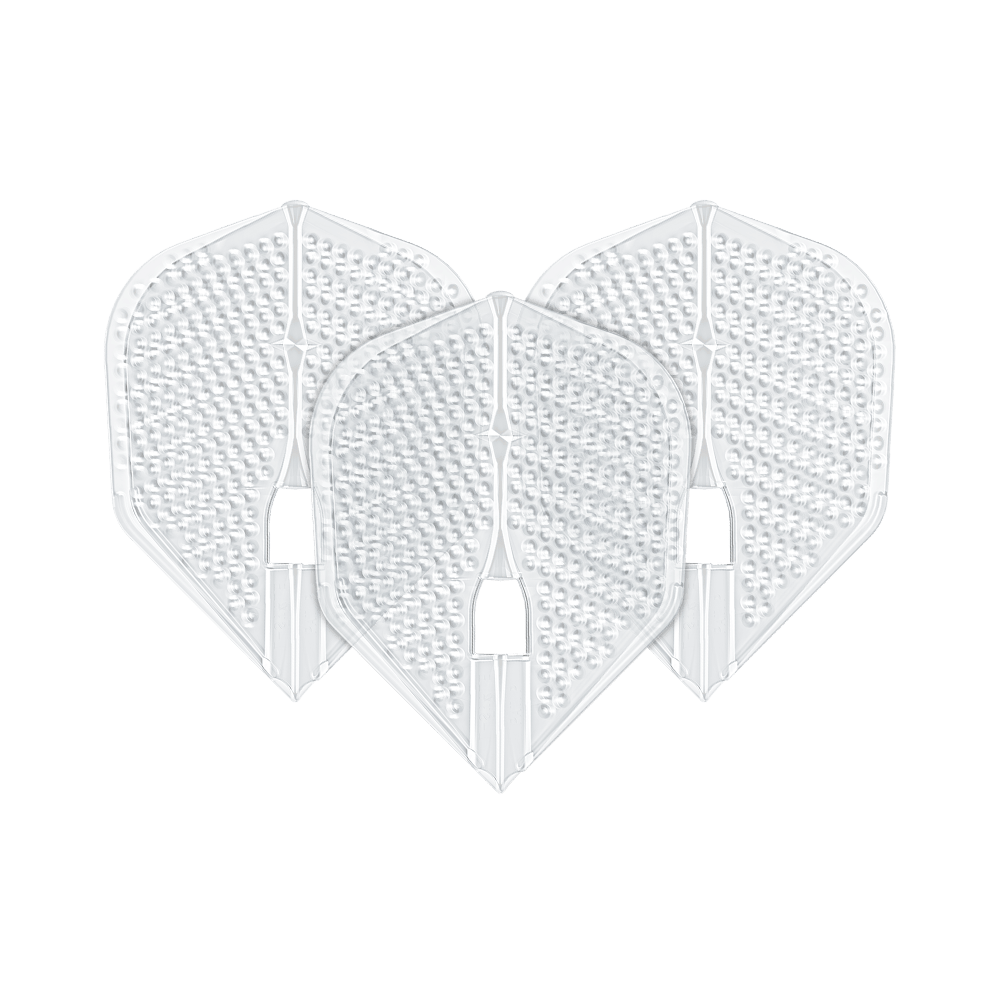 Letky ve stylu L Dimple Champagne Tvar L3PRO Das Bild zeigt drei transparente Darts-Flights in L3PRO Form mit Dimple-Oberfläche. Es handelt sich um das Produkt "L-Style Flights Dimple Champagne L3PRO Shape".