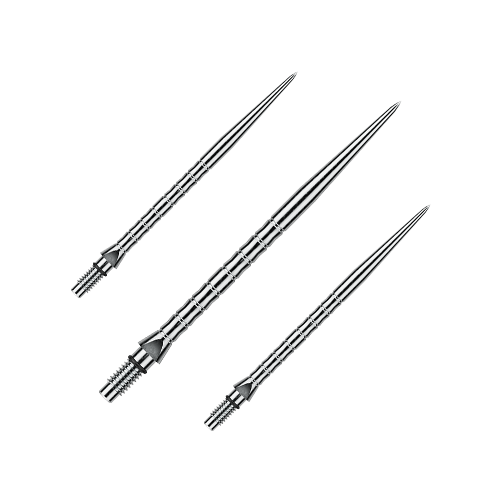 Ocelové hroty šipek Winmau Switch Point Wave - stříbrný efekt Das Bild zeigt Steeldartspitzen mit silbernem Effekt, wahrscheinlich 40 mm lang. Die Dartspitzen sind für das Spiel mit Steeldarts bestimmt.