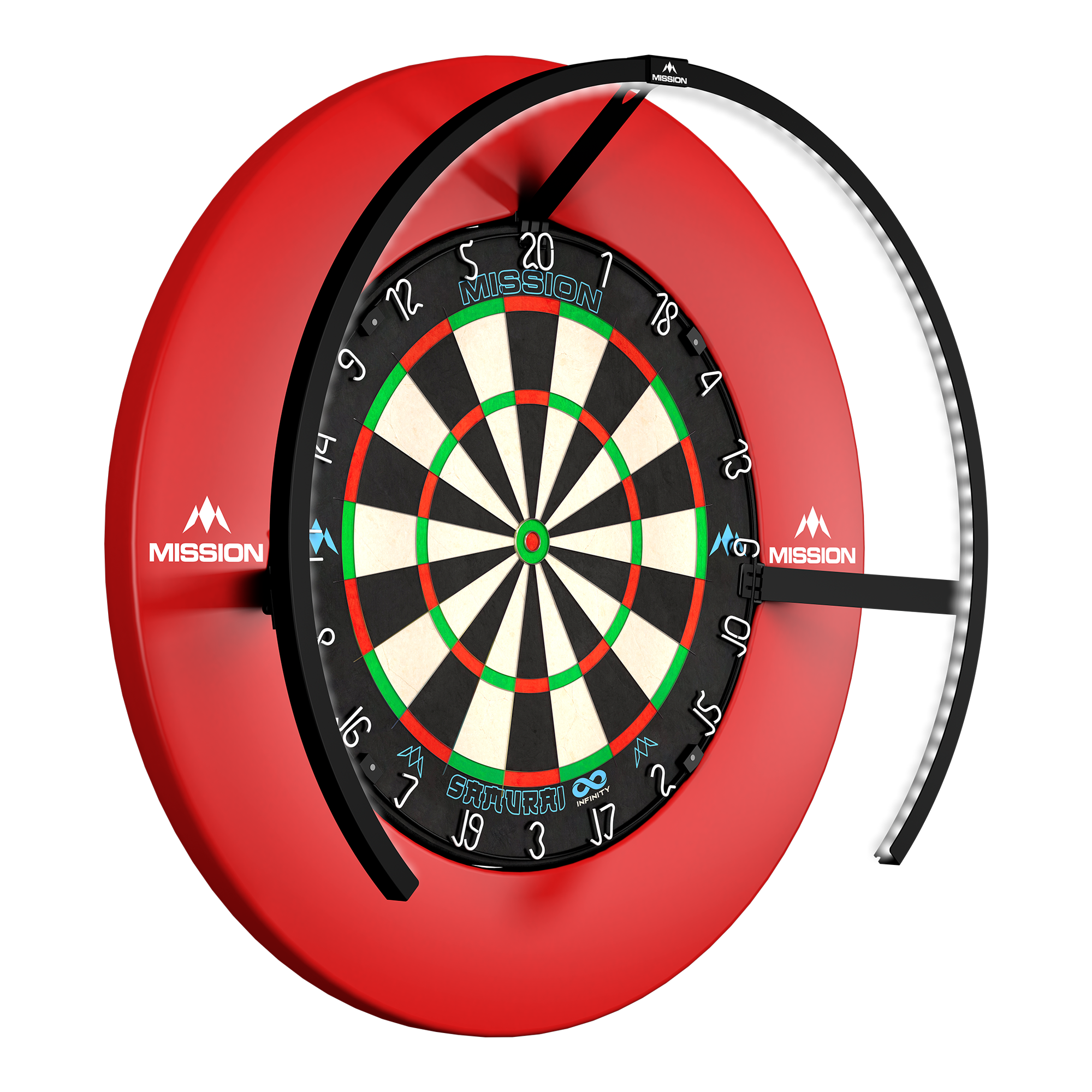 Zu sehen ist die Mission Torus 270 LED Dartboard Beleuchtung in Schwarz. Diese Beleuchtung verbessert die Sichtbarkeit beim Dartspielen.