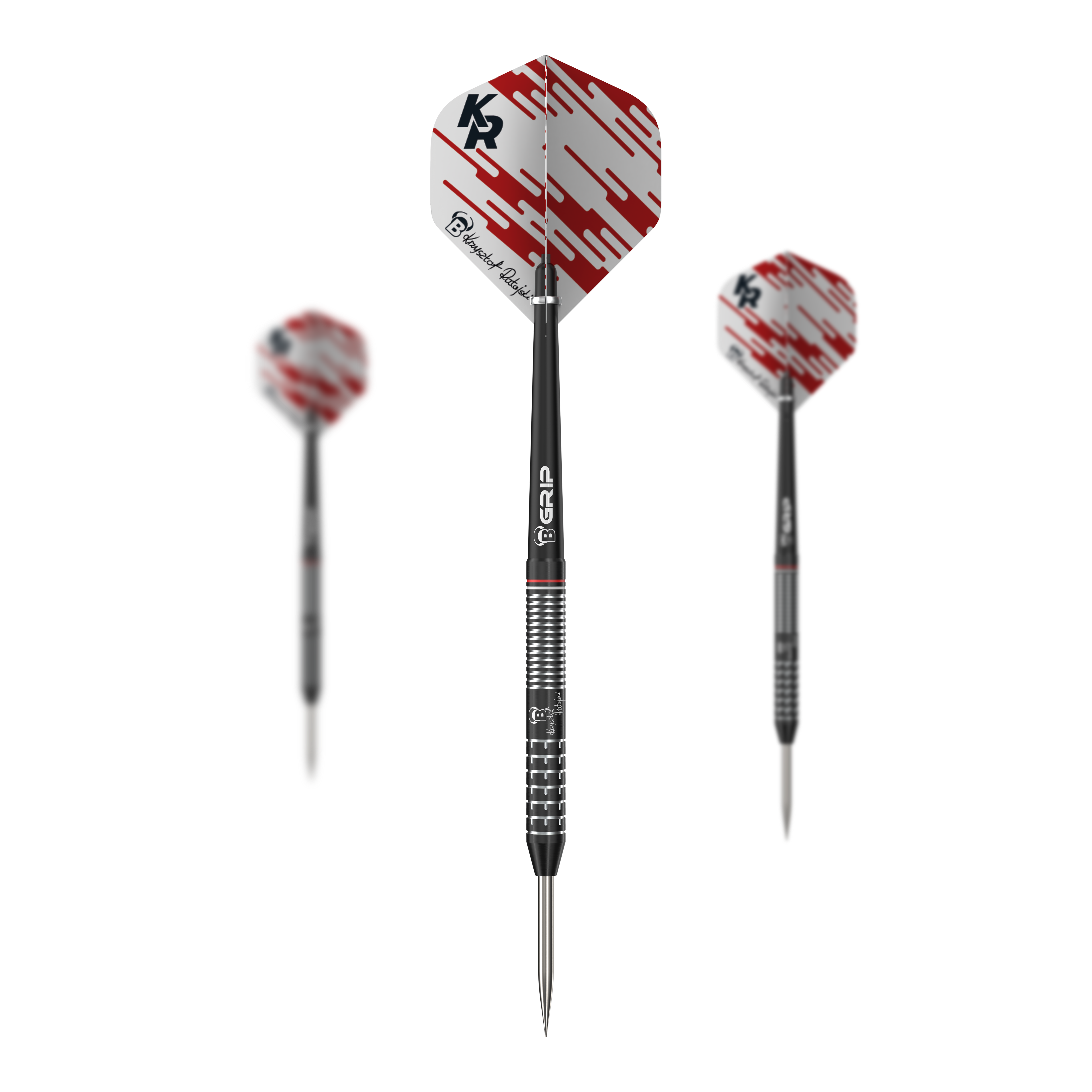 Die Abbildung zeigt drei Steeldarts des Modells "Bulls Krzysztof Ratajski Generation 2 Black Edition". Die Flights sind weiß mit roten Streifen und der Schaft sowie das Barrel sind schwarz-silbern gestaltet.