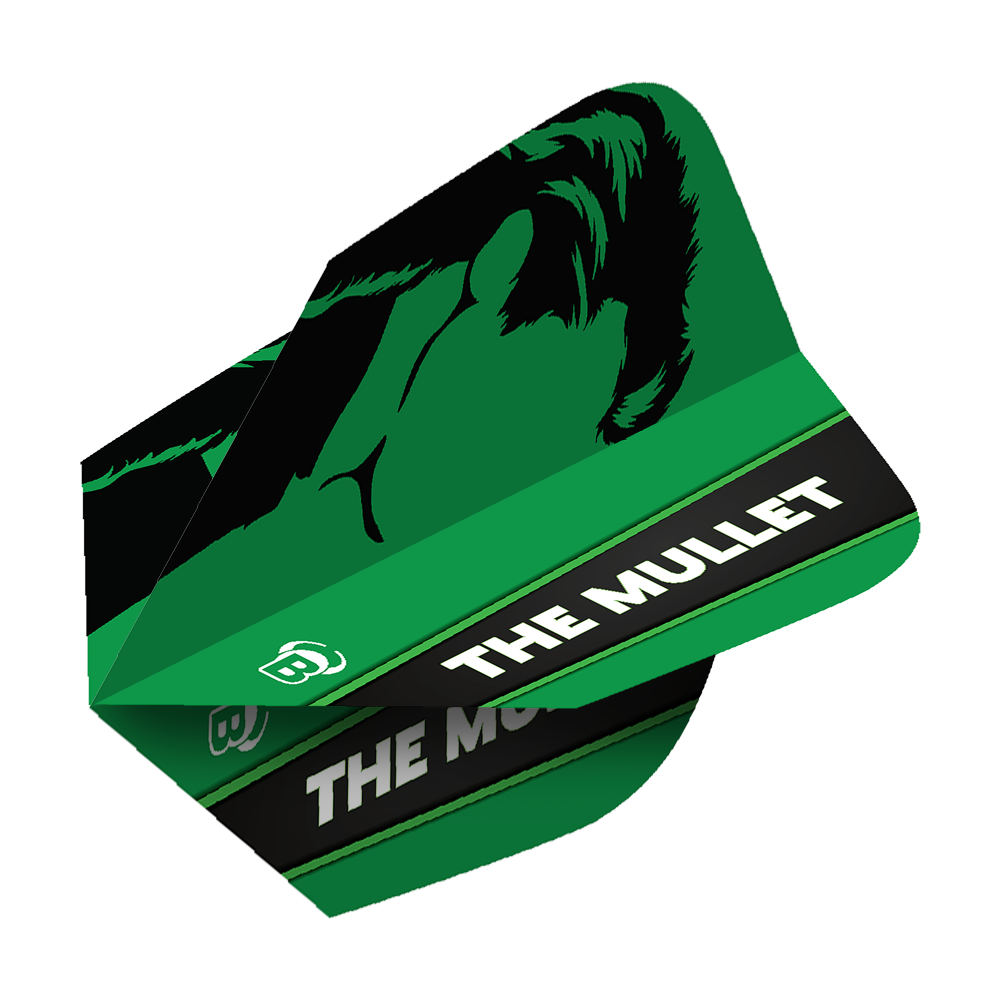 Das Bild zeigt die Bulls X-Powerflite Danny Jansen No2 Standard Flights. Die Flights sind grün und schwarz und tragen die Aufschrift "THE MULLET" sowie eine stilisierte Abbildung eines Kopfes mit Vokuhila-Frisur.