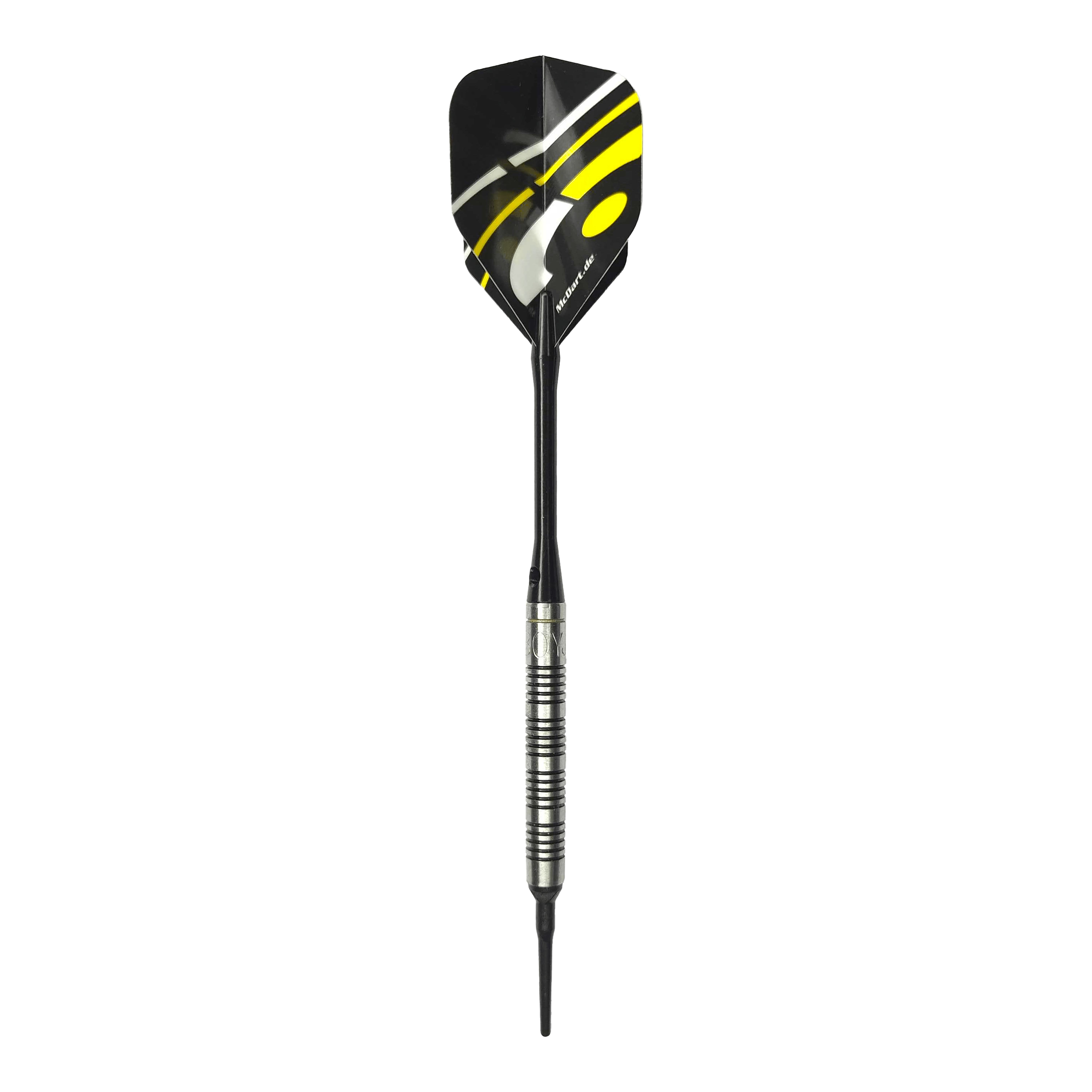 McDart 85 Tungsten V17 Softdarts - 16,5g Das Bild zeigt den McDart 85er Tungsten V17 Softdart mit einem Gewicht von 16,5g. Der Dart hat ein modernes Design mit schwarzen und gelben Akzenten auf den Flights.