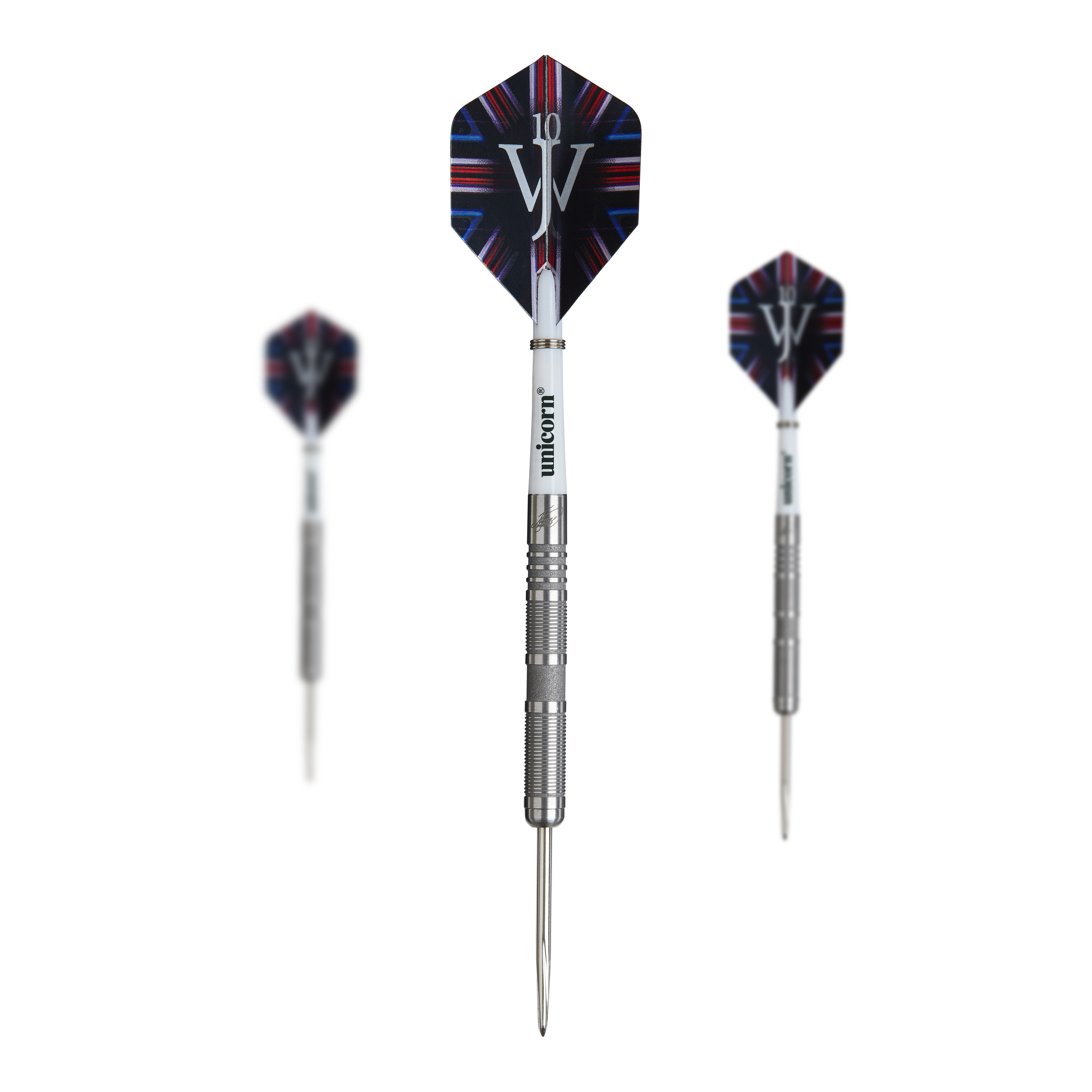 Ocelové šipky Unicorn James Wade The Machine Range Fáze 4 Das Bild zeigt drei Steeldarts aus der "Unicorn James Wade The Machine Range Phase 4" Serie. Die Darts haben silberne Spitzen und auffällige Flights mit einem weißen "JW"-Logo.
