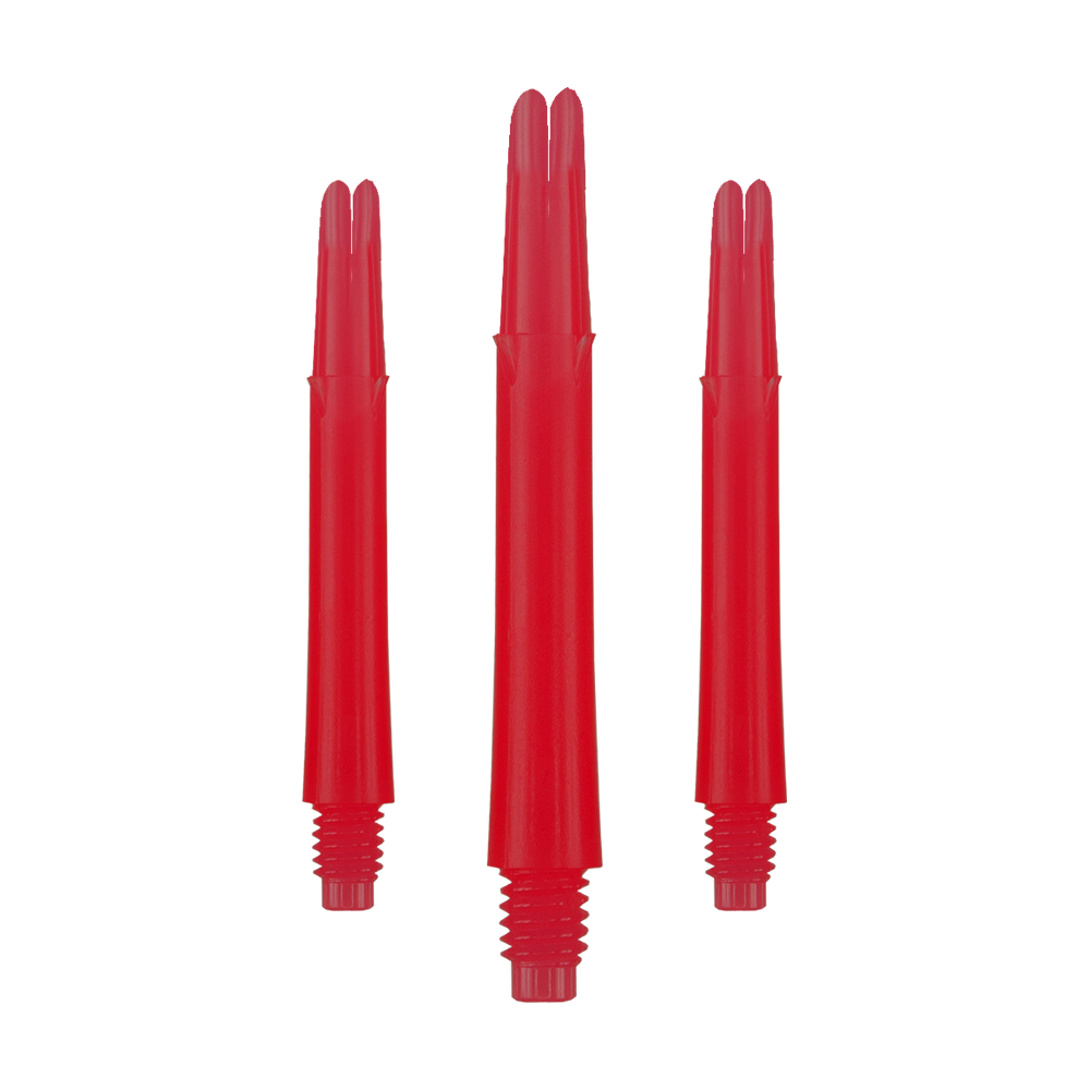 Auf dem Bild sind drei gerade, rote Dartschäfte aus Kunststoff zu sehen. Sie haben Gewinde am unteren Ende und sind ohne Kappen dargestellt.