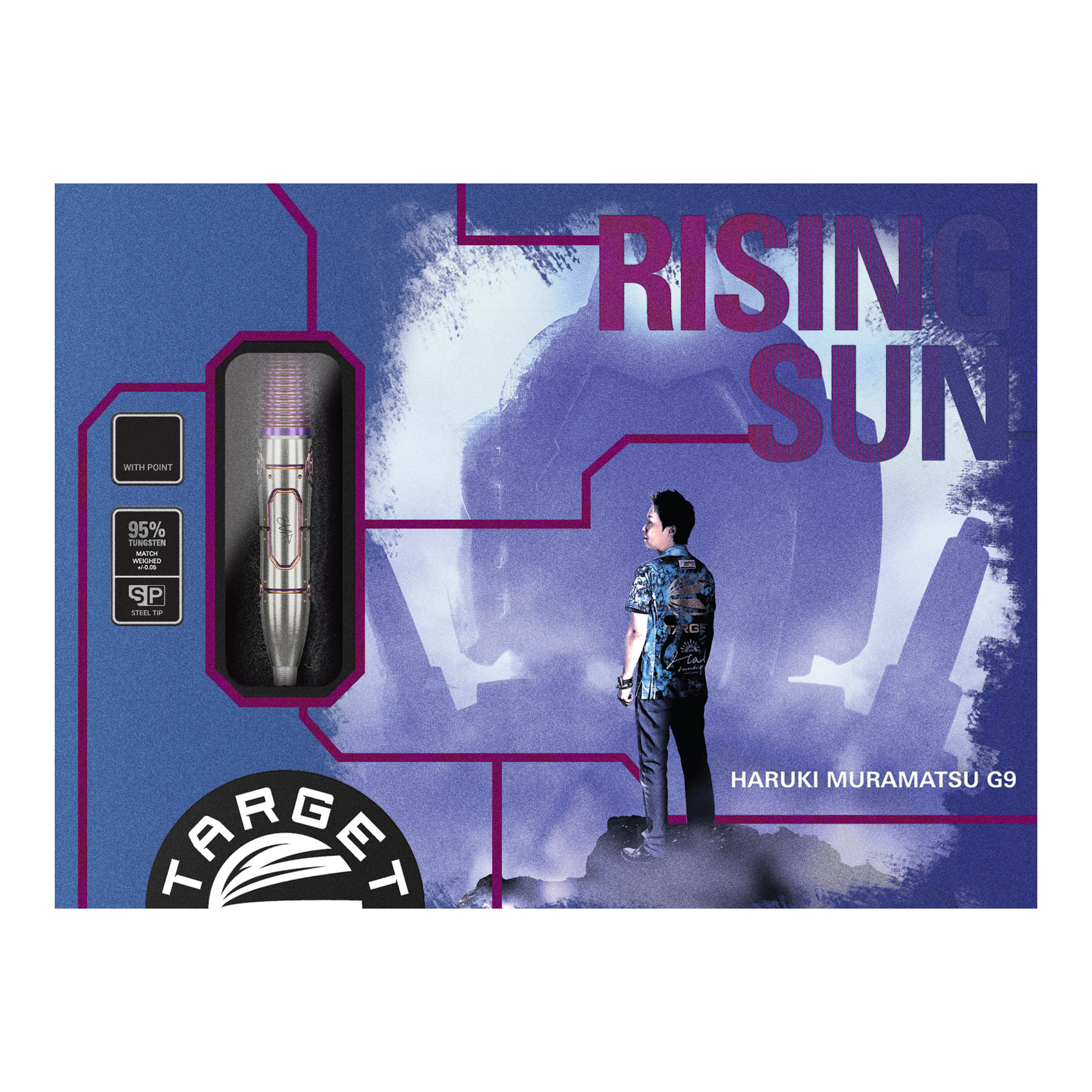 Die Abbildung zeigt die Verpackung der "Target Japan Haruki Muramatsu Rising Sun GEN9 Steeldarts - 23g". Auf der Packung sind ein Dartpfeil, das Logo von Target und ein Mann im Profil sowie der Schriftzug "Rising Sun" zu sehen.