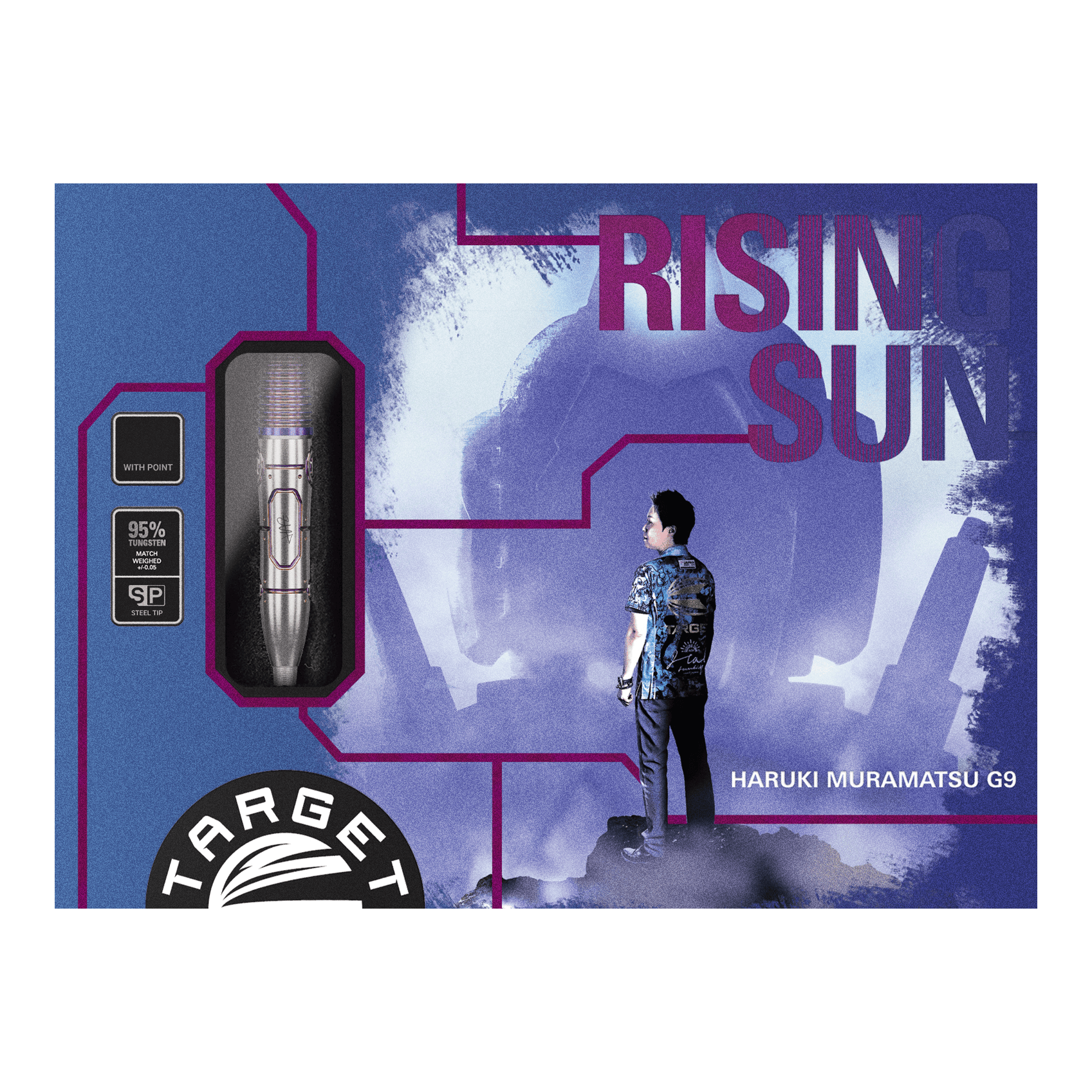 Ocelové šipky Target Japan Haruki Muramatsu Rising Sun GEN9 - 23g Die Abbildung zeigt die Verpackung der "Target Japan Haruki Muramatsu Rising Sun GEN9 Steeldarts - 23g". Auf der Packung sind ein Dartpfeil, das Logo von Target und ein Mann im Profil sowie der Schriftzug "Rising Sun" zu sehen.