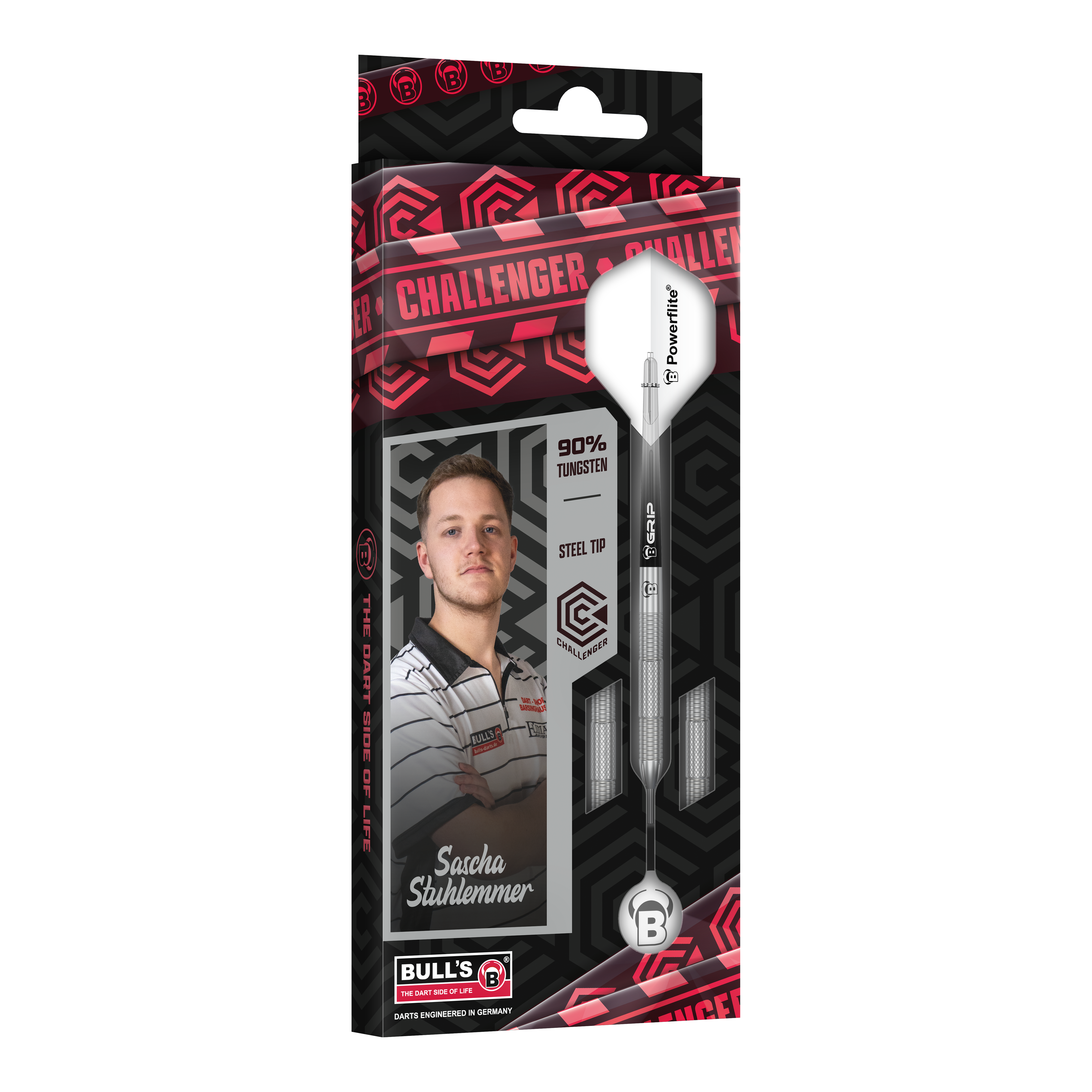 Bulls Challenger Sascha Stuhlemmer Steeldarts - 23g Das Bild zeigt die Verpackung der "Bulls Challenger Sascha Stuhlemmer Steeldarts - 23g". Auf der Verpackung ist neben dem Dartpfeil auch ein Foto von Sascha Stuhlemmer abgebildet.