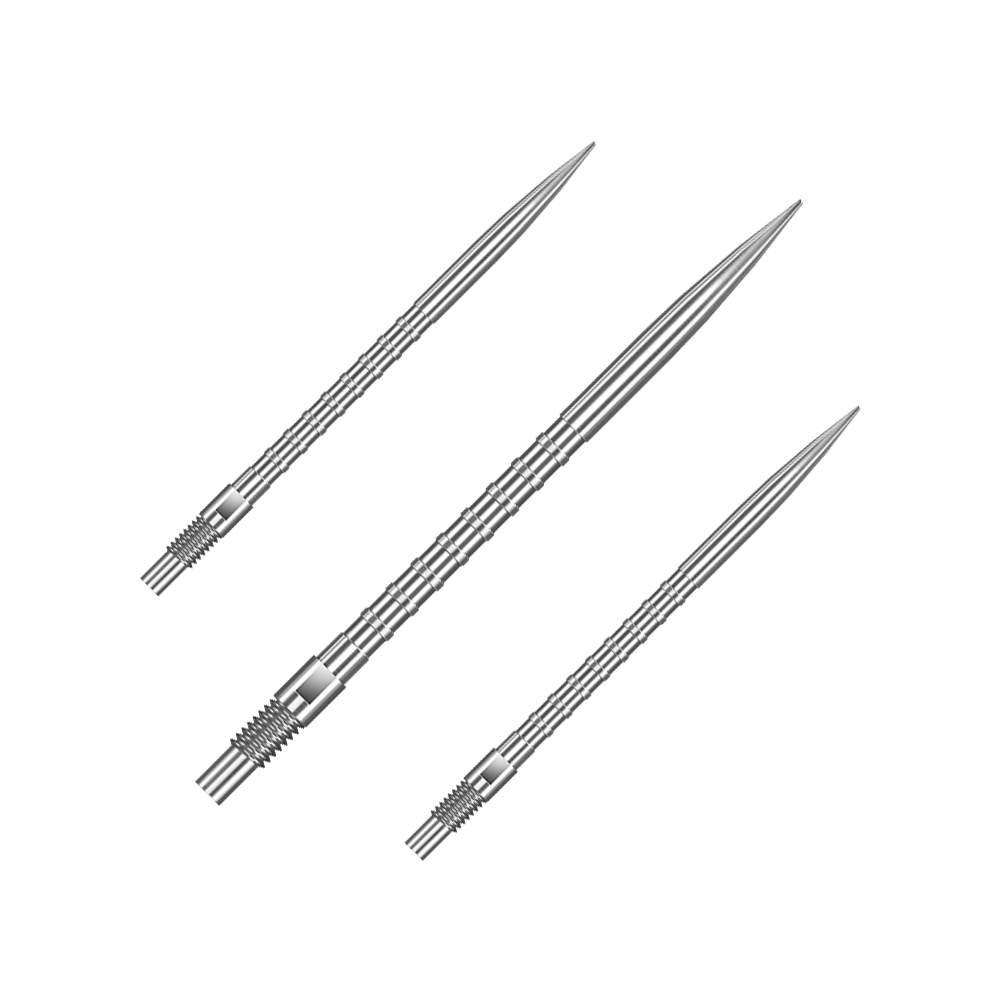 Špičky na šipky Harrows Quick Point Heavy Metal - stříbrné Das Bild zeigt ein Set von silbernen Dartspitzen mit 40 mm Länge. Die Spitzen sind nebeneinander arrangiert.