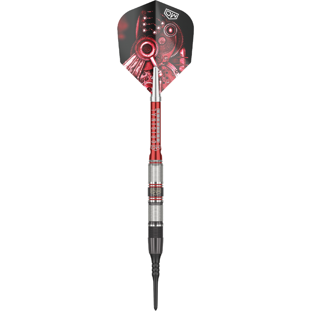 Šipky DW Piranha Razor 02 Softdarts Das Bild zeigt den Softdart "DW Piranha Razor 02". Der Dart hat ein silber-rotes Barrel und auffällige Flights mit einem Zahnrad-Design.